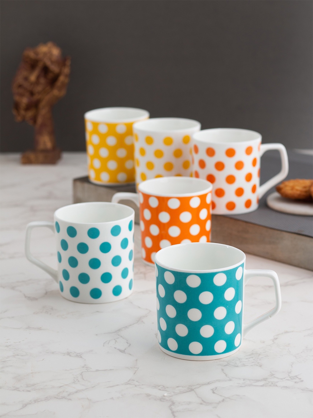 

CLAY CRAFT 6 Pcs White & Yellow Polka Dots Printed Ceramic Glossy Cups 180 ml each