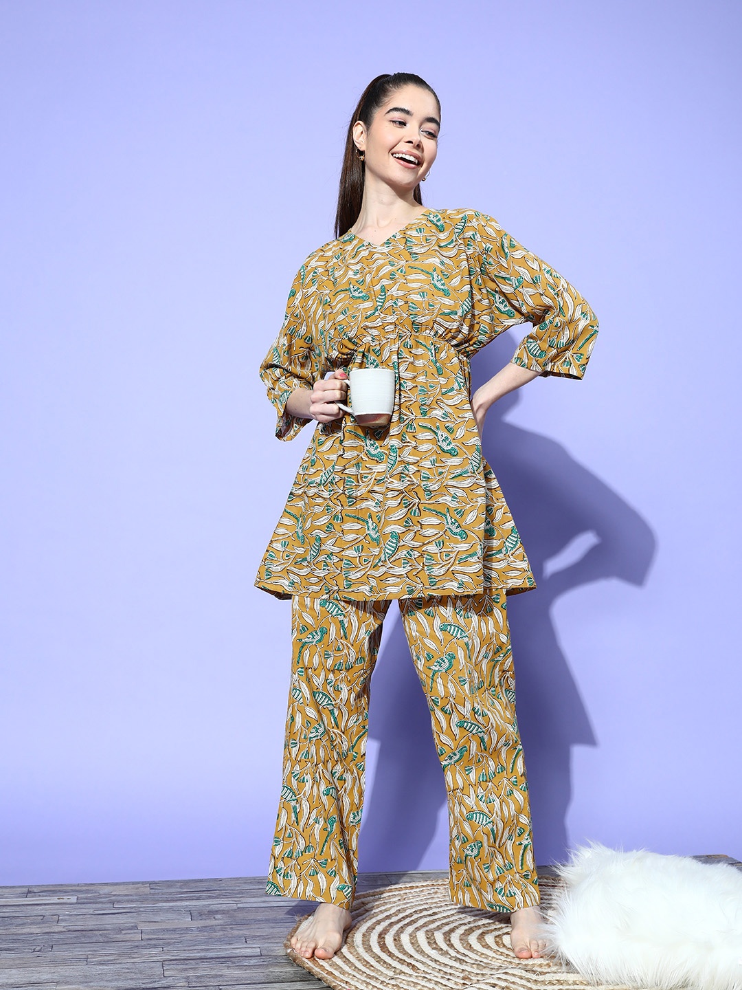 

Secret Wish Women Printed Cotton Night suit, Yellow