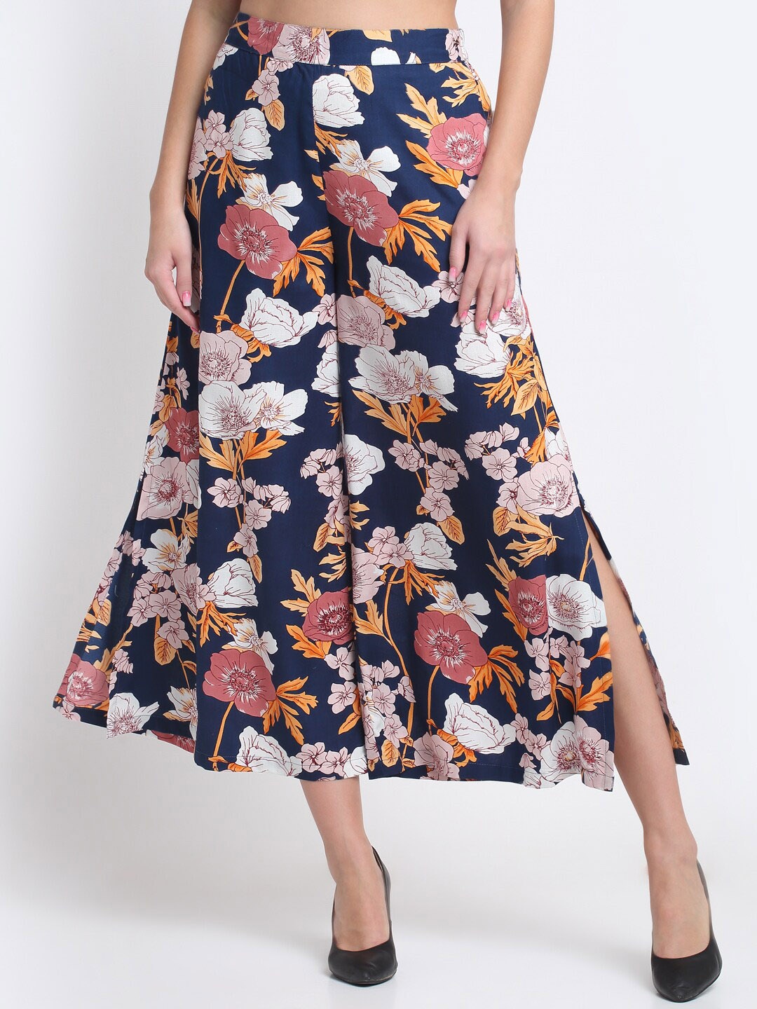 

SiaVira Women Floral Printed Loose Fit Culottes Trousers, Navy blue