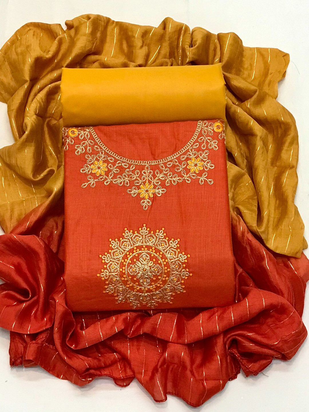 

Angroop Embroidered Unstitched Dress Material, Orange