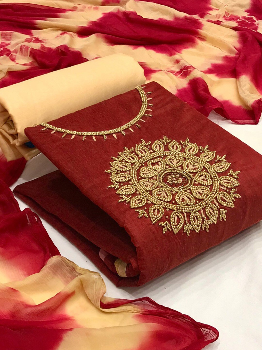 

Angroop Beads and Stones Embellished Unstitched Dress Material, Maroon