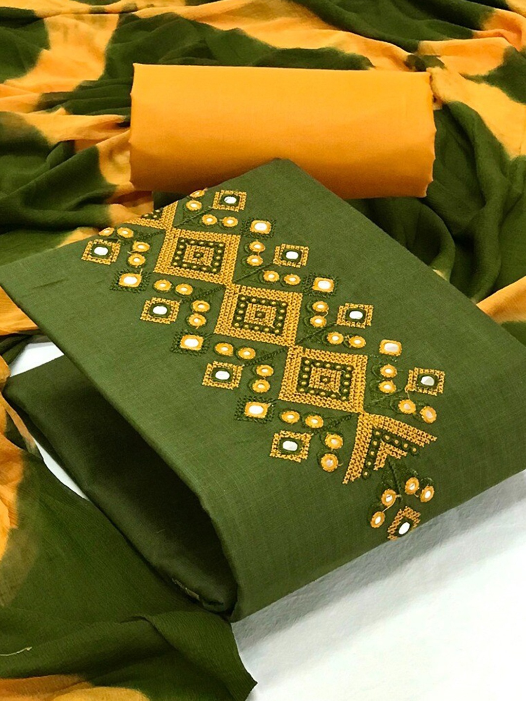 

Angroop Mirror Work Embroidered Unstitched Dress Material, Olive
