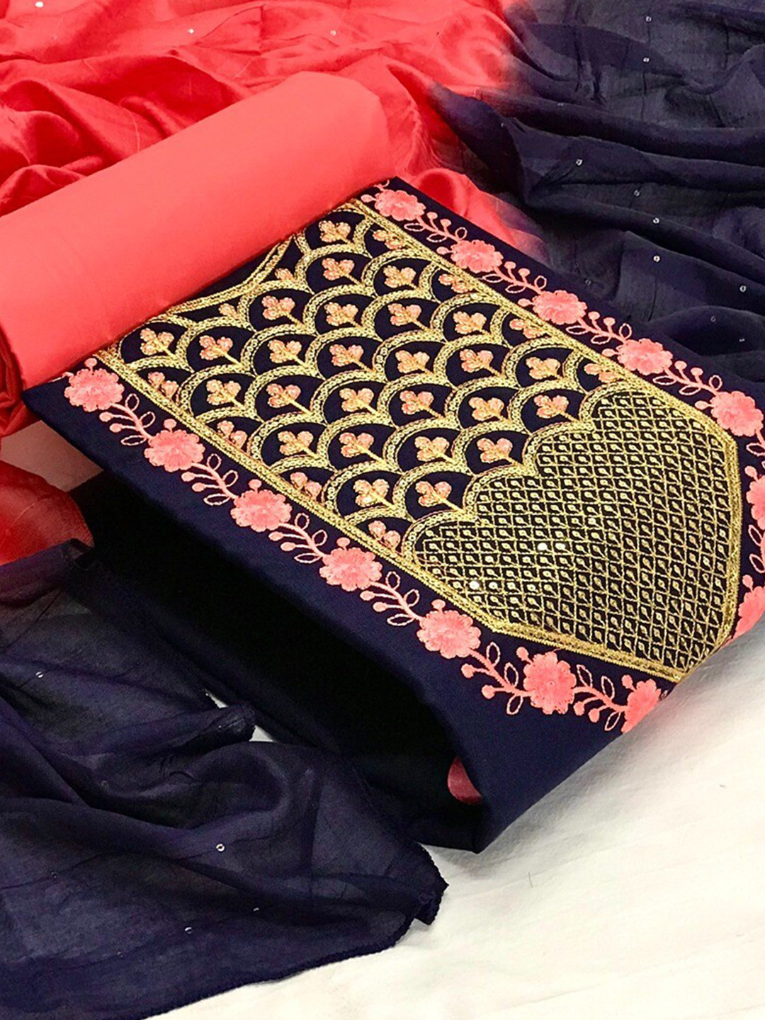 

Angroop Embroidered Unstitched Dress Material, Navy blue