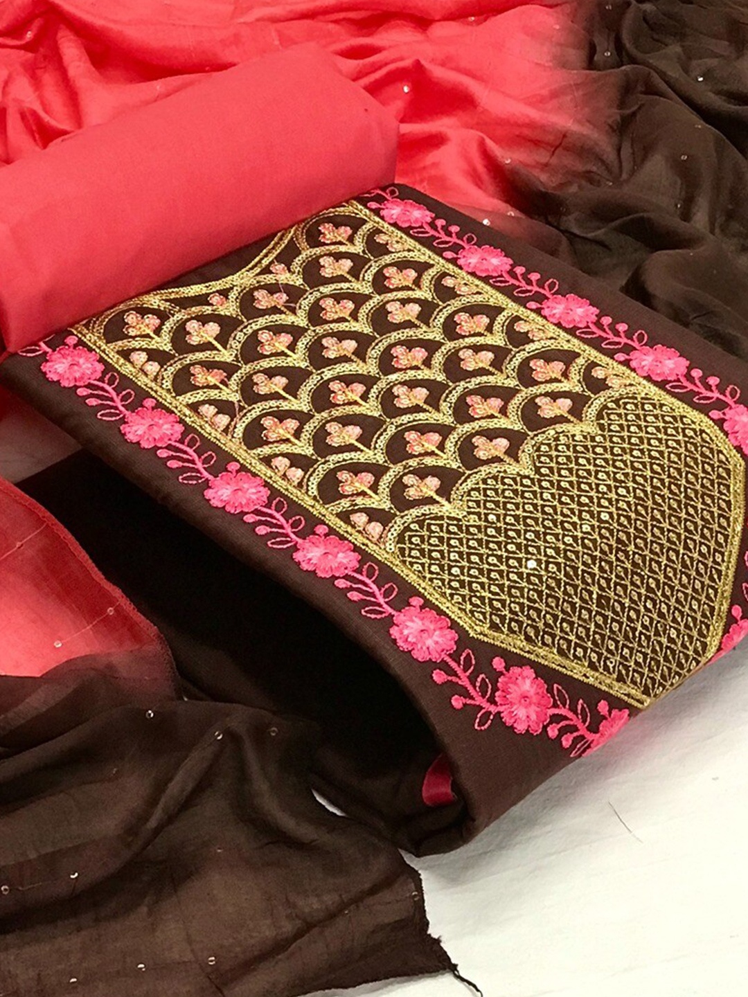 

Angroop Embroidered Unstitched Dress Material, Coffee brown