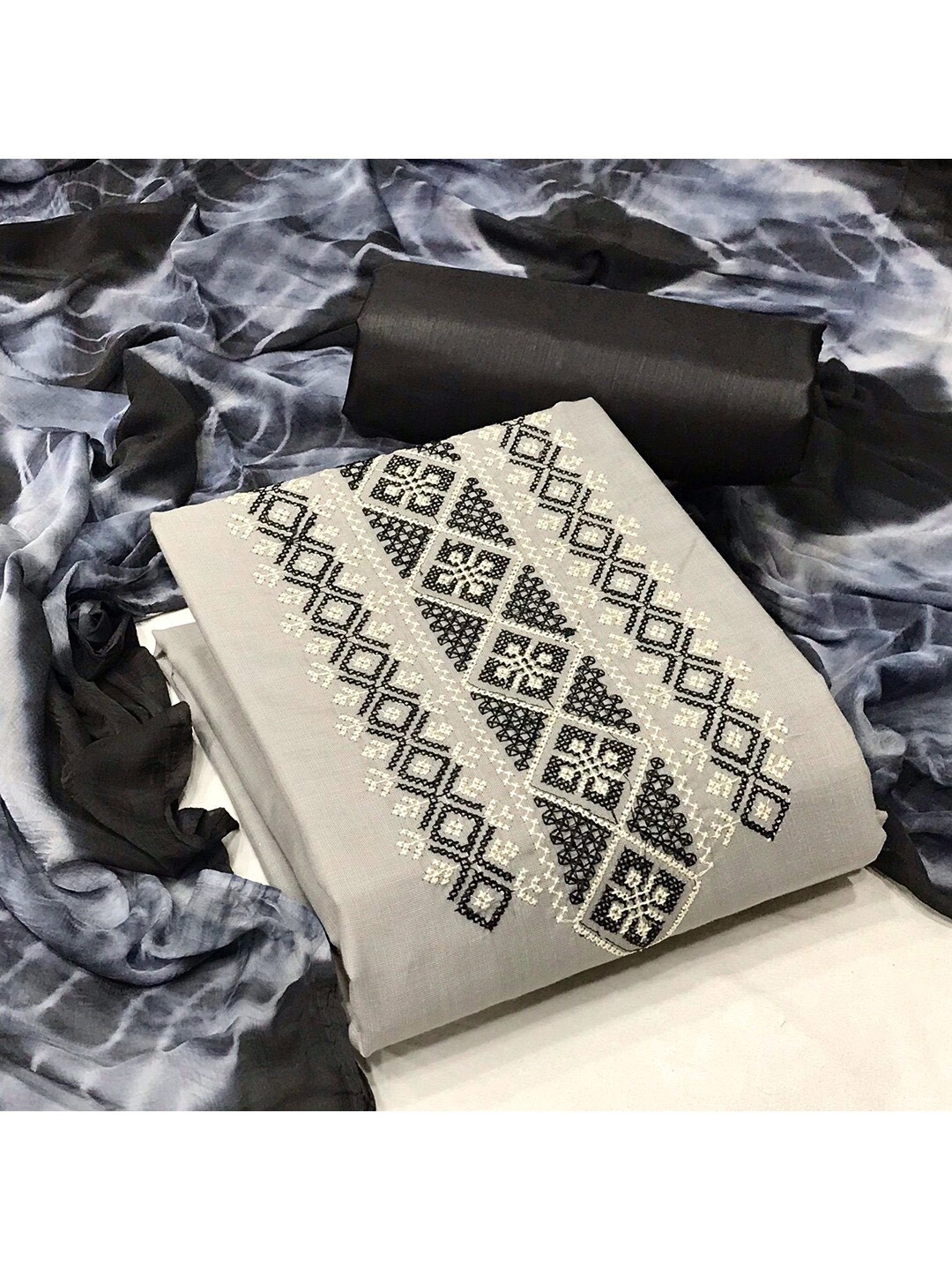 

Angroop Geometric Embroidered Unstitched Dress Material, Off white