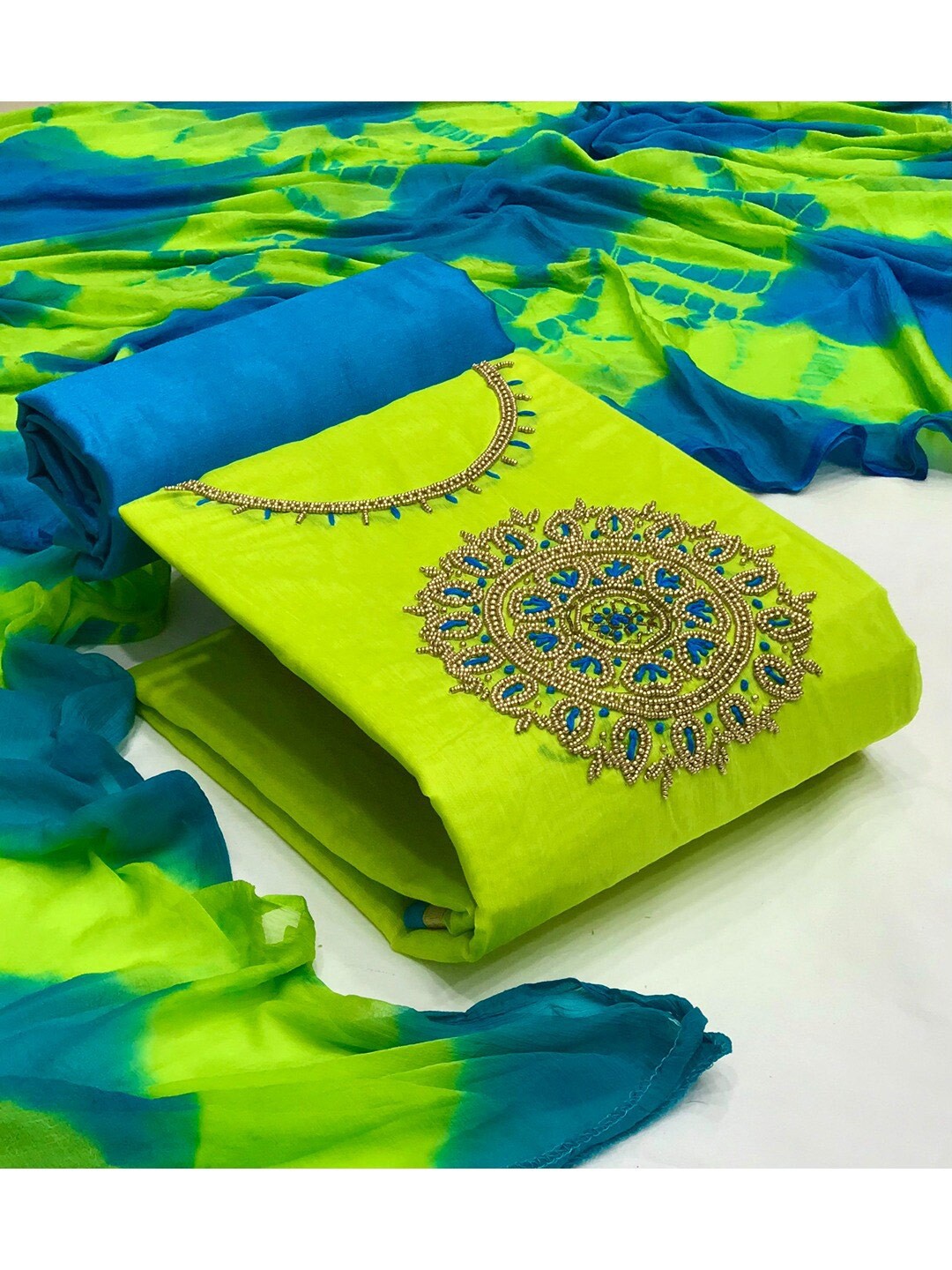 

Angroop Beads and Stones Embellished Unstitched Dress Material, Green