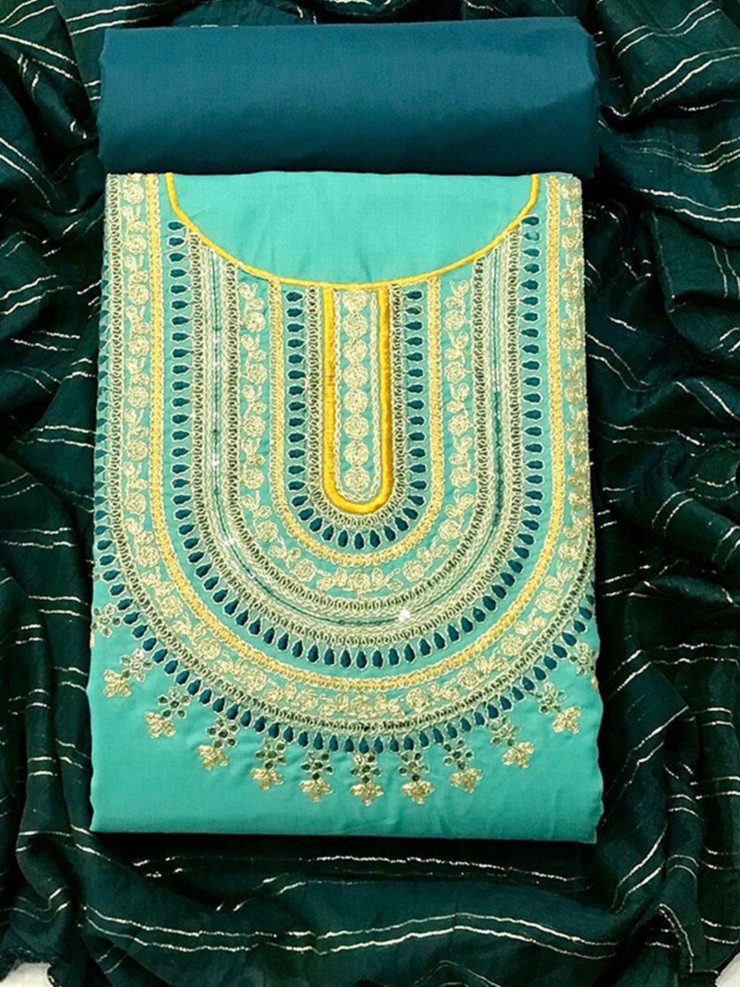 

Angroop Embroidered Unstitched Dress Material, Turquoise blue