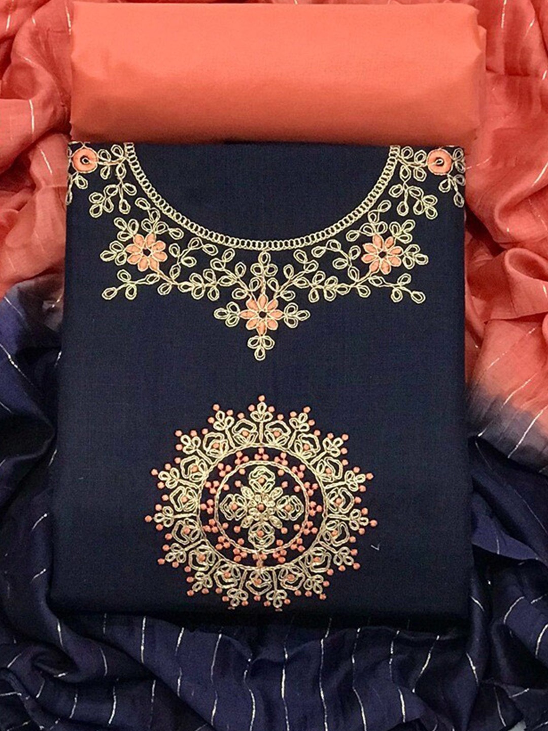 

Angroop Embroidered Unstitched Dress Material, Navy blue