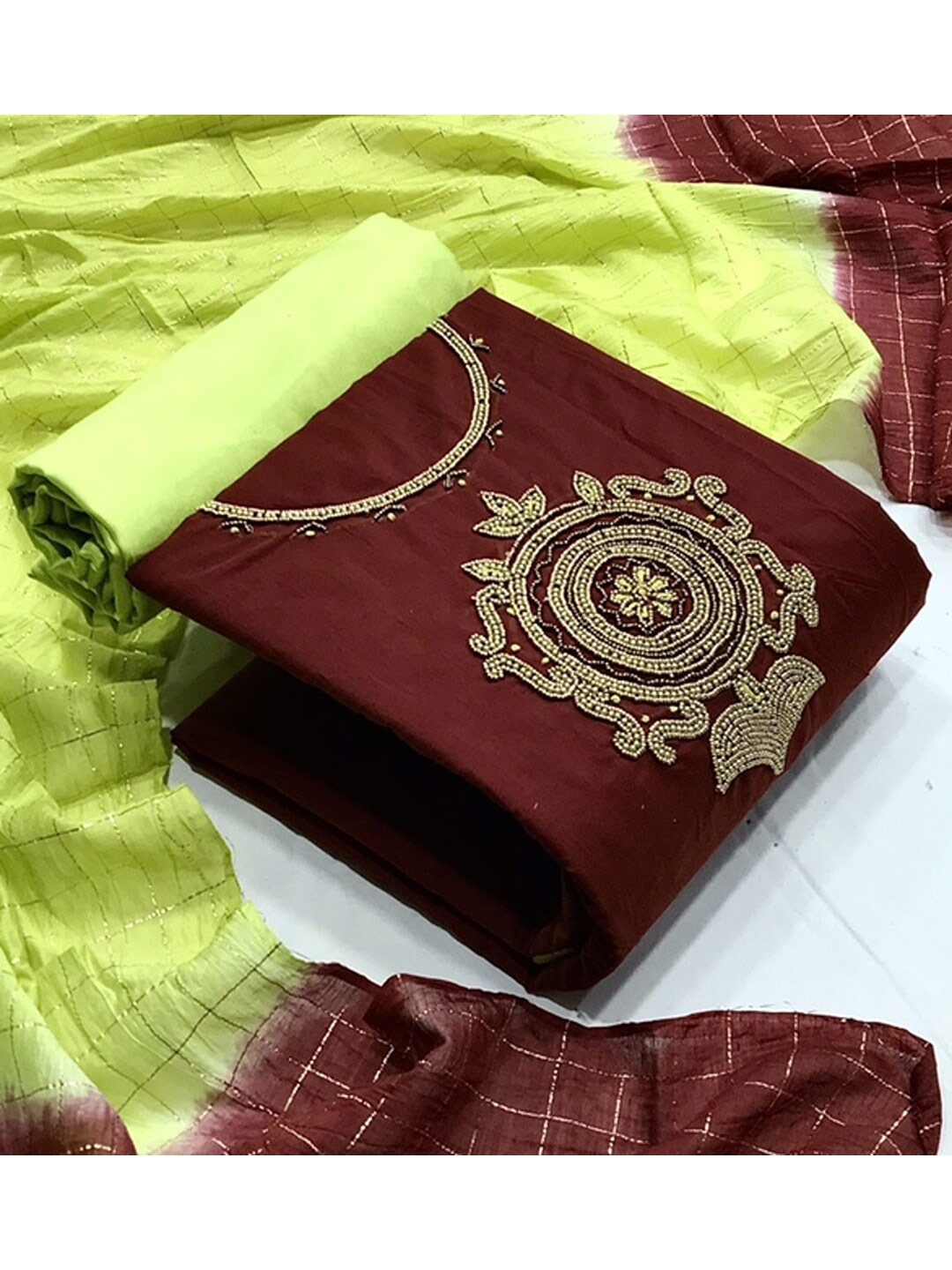 

Angroop Embellished Unstitched Dress Material, Maroon