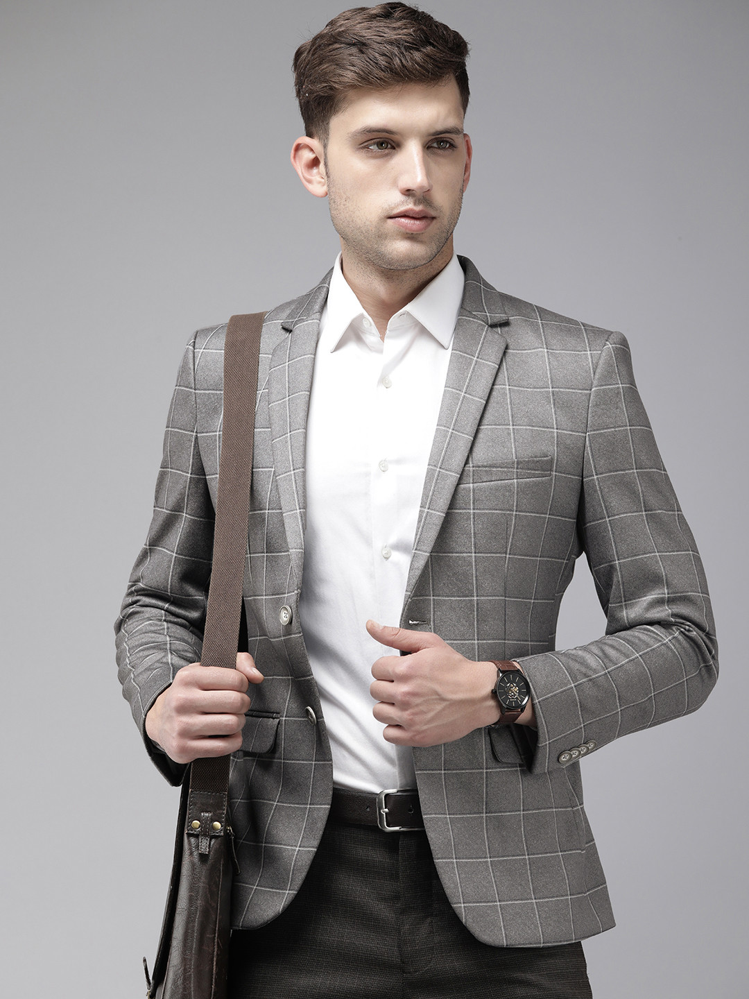 

Park Avenue Checked Regular Fit Single-Breasted Formal Blazer, Grey