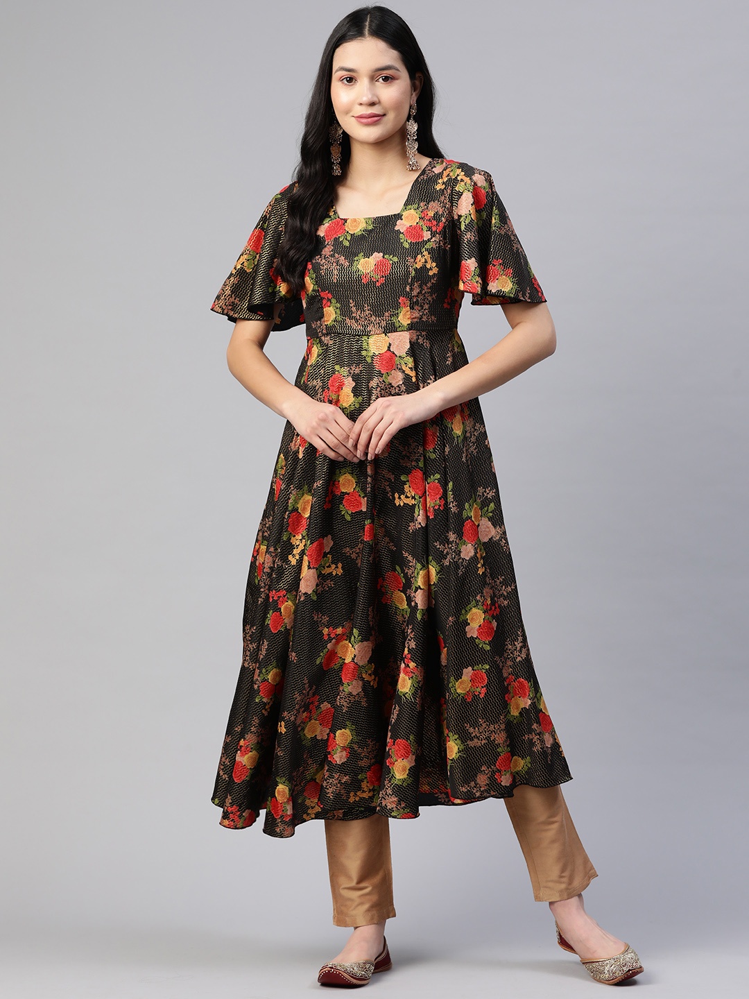 

Poshak Hub Women Floral Printed Flared Sleeves Anarkali Kurta, Black