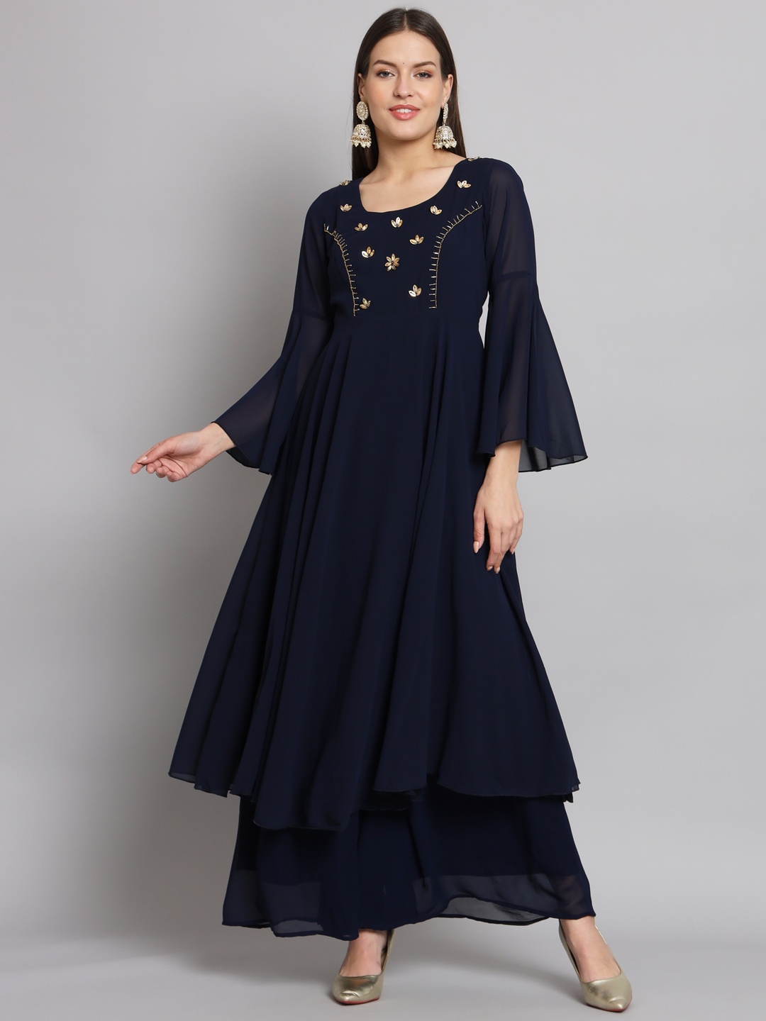 

Poshak Hub Women Floral Embellished Flared Sleeves Georgette Anarkali Kurta, Navy blue