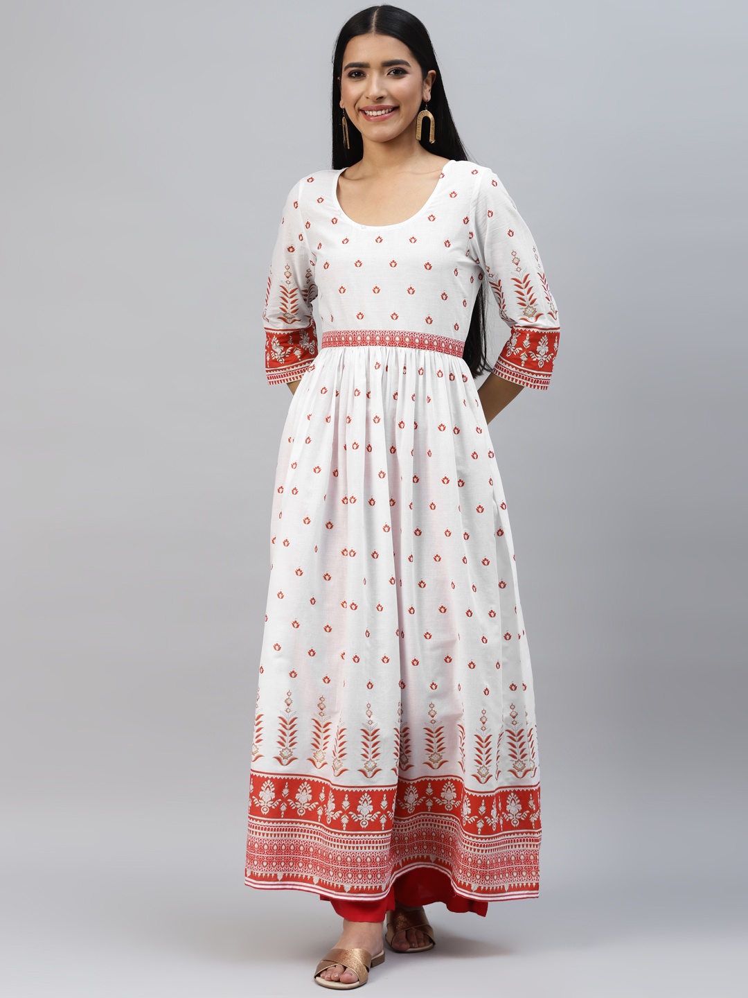 

Poshak Hub Women Floral Printed Cotton Anarkali Kurta, White