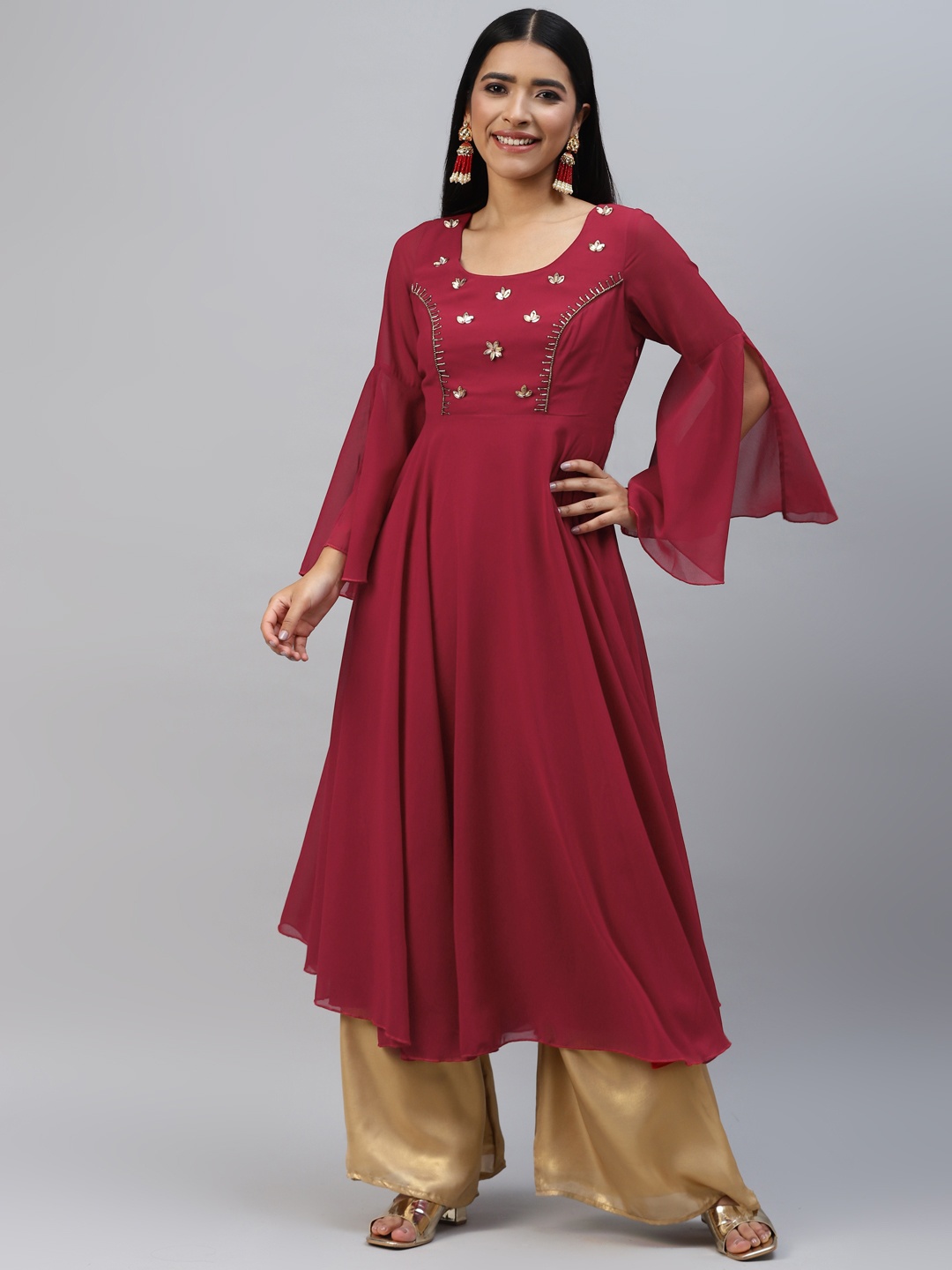

Poshak Hub Women Floral Yoke Design Flared Sleeves Georgette Anarkali Kurta, Maroon