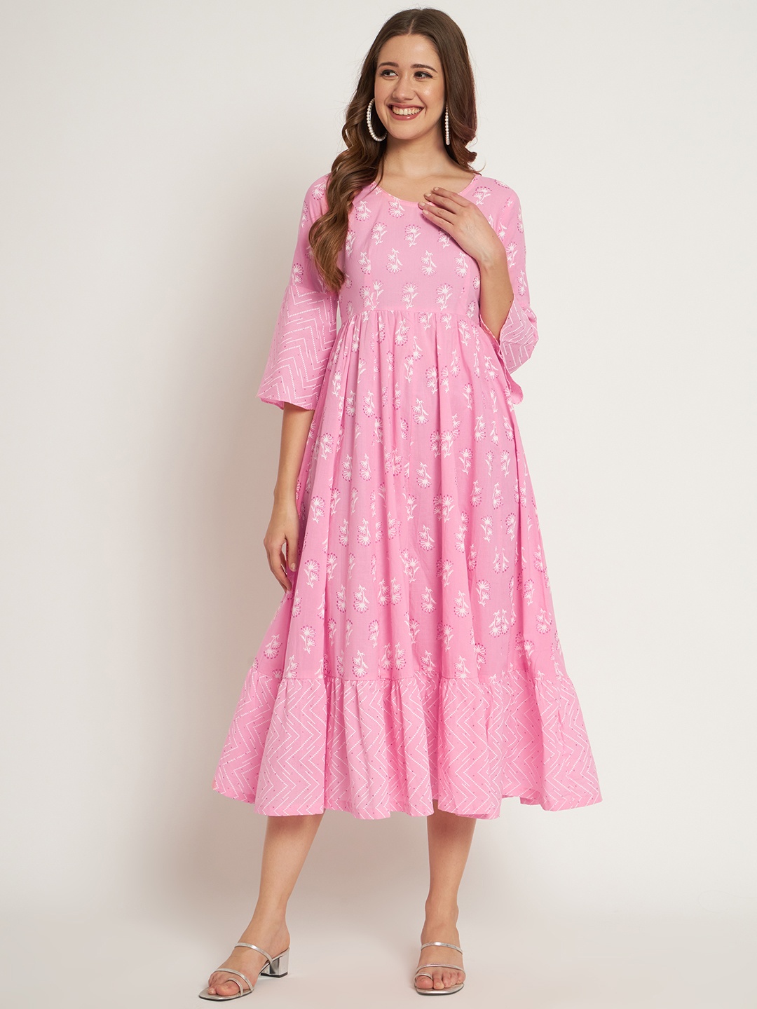 

Poshak Hub Women Floral Printed Flared Sleeves Cotton Anarkali Kurta, Pink
