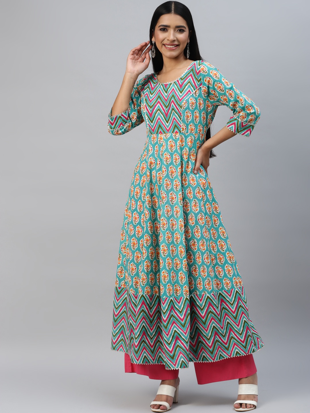 

Poshak Hub Women Floral Printed Gotta Patti Cotton Anarkali Kurta, Turquoise blue