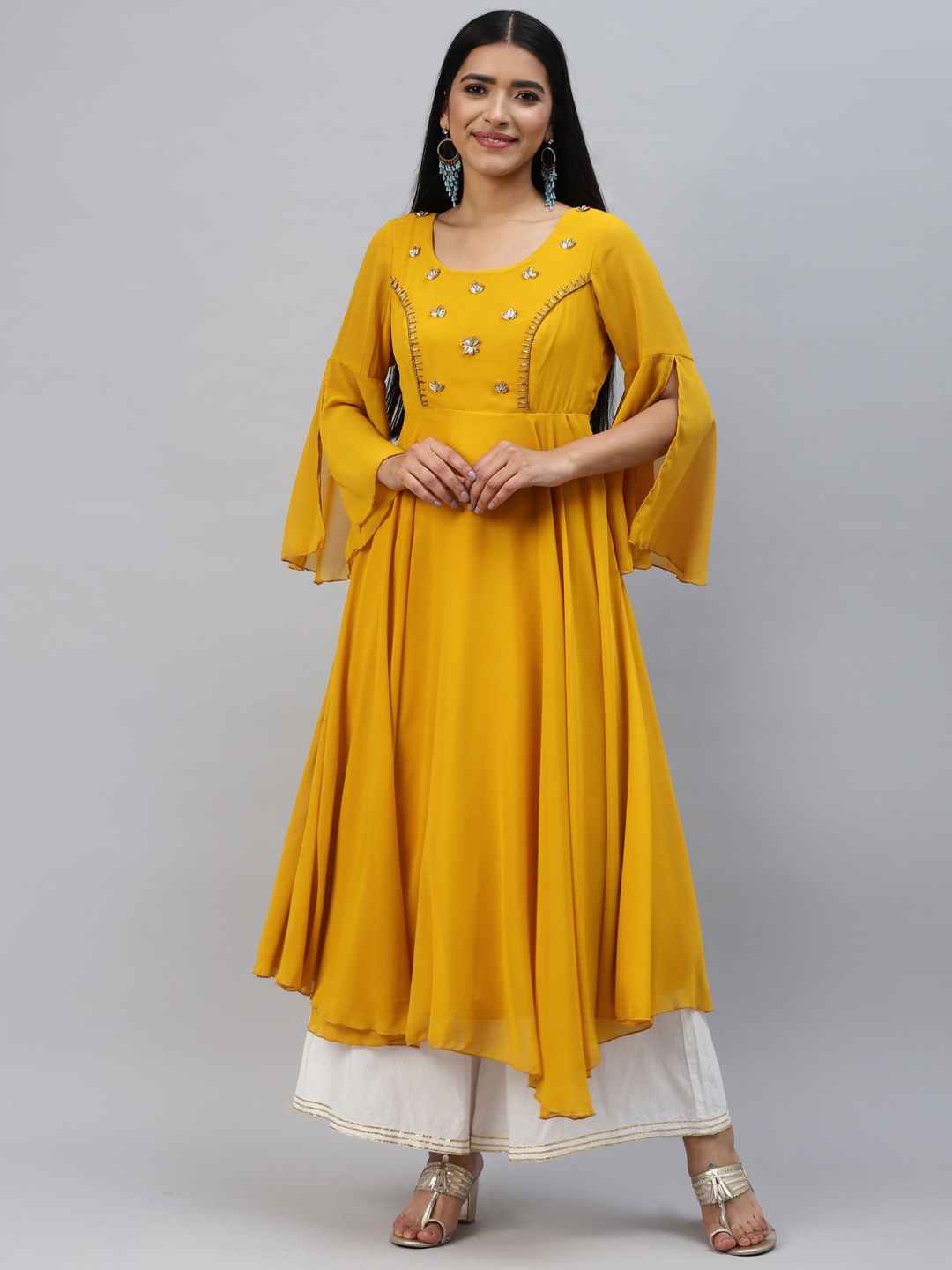 

Poshak Hub Women Floral Embellished Flared Sleeves Georgette Anarkali Kurta, Yellow