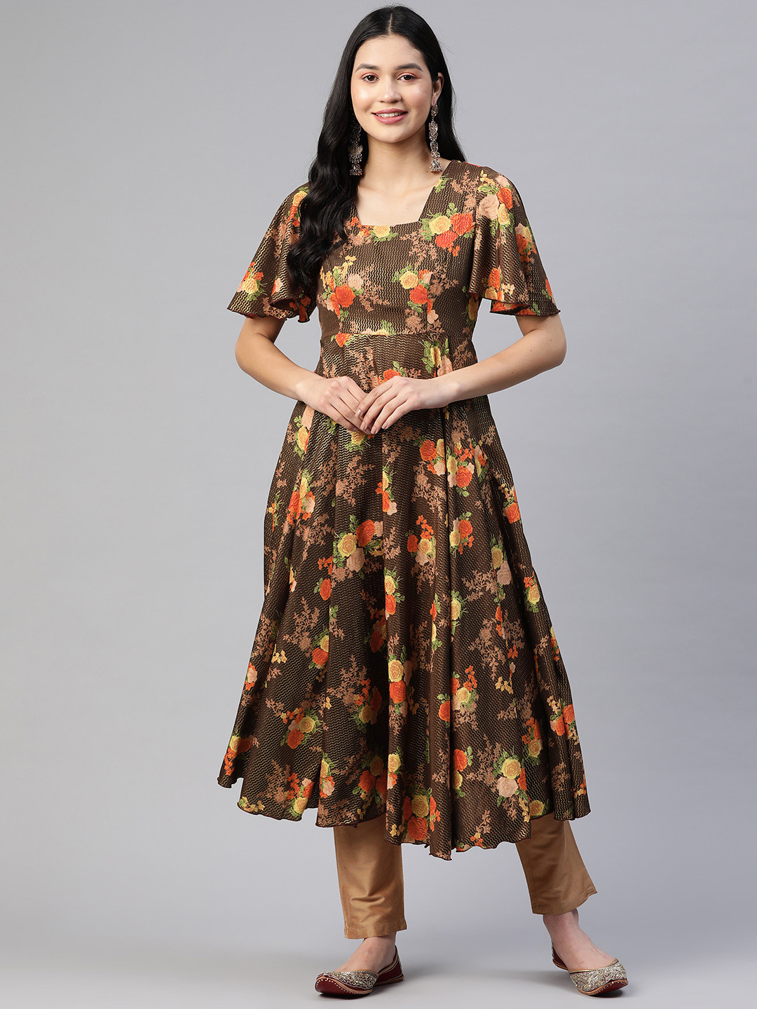 

Poshak Hub Women Floral Printed Flared Sleeves Anarkali Kurta, Brown