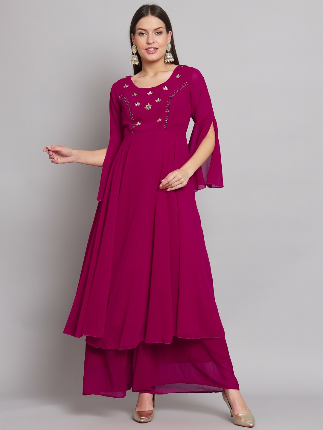 

Poshak Hub Women Floral Embellished Flared Sleeves Georgette Anarkali Kurta, Pink