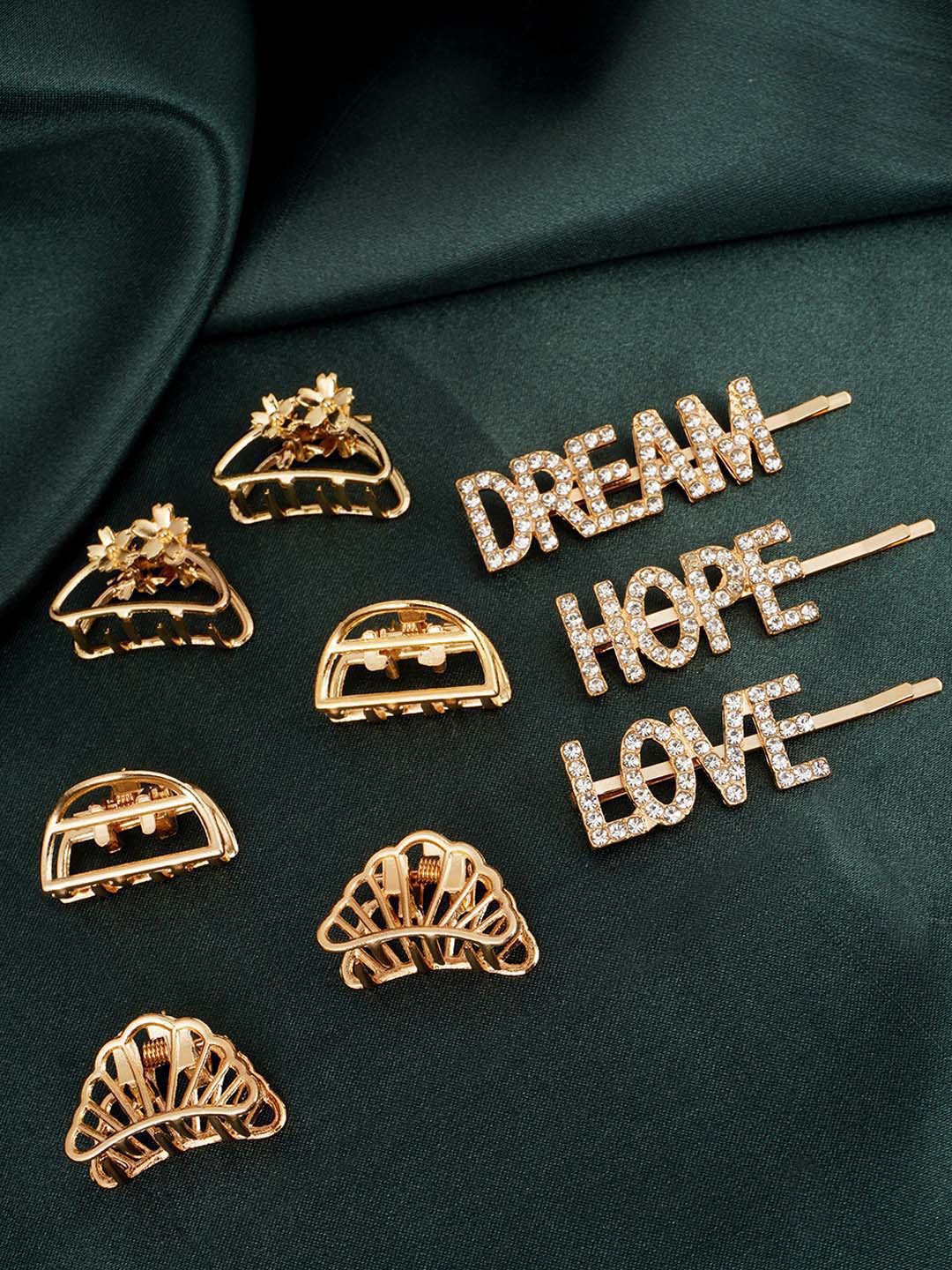 

Ferosh Women Set Of 9 Embellished Hair Clutches and Text Hairpins, Gold