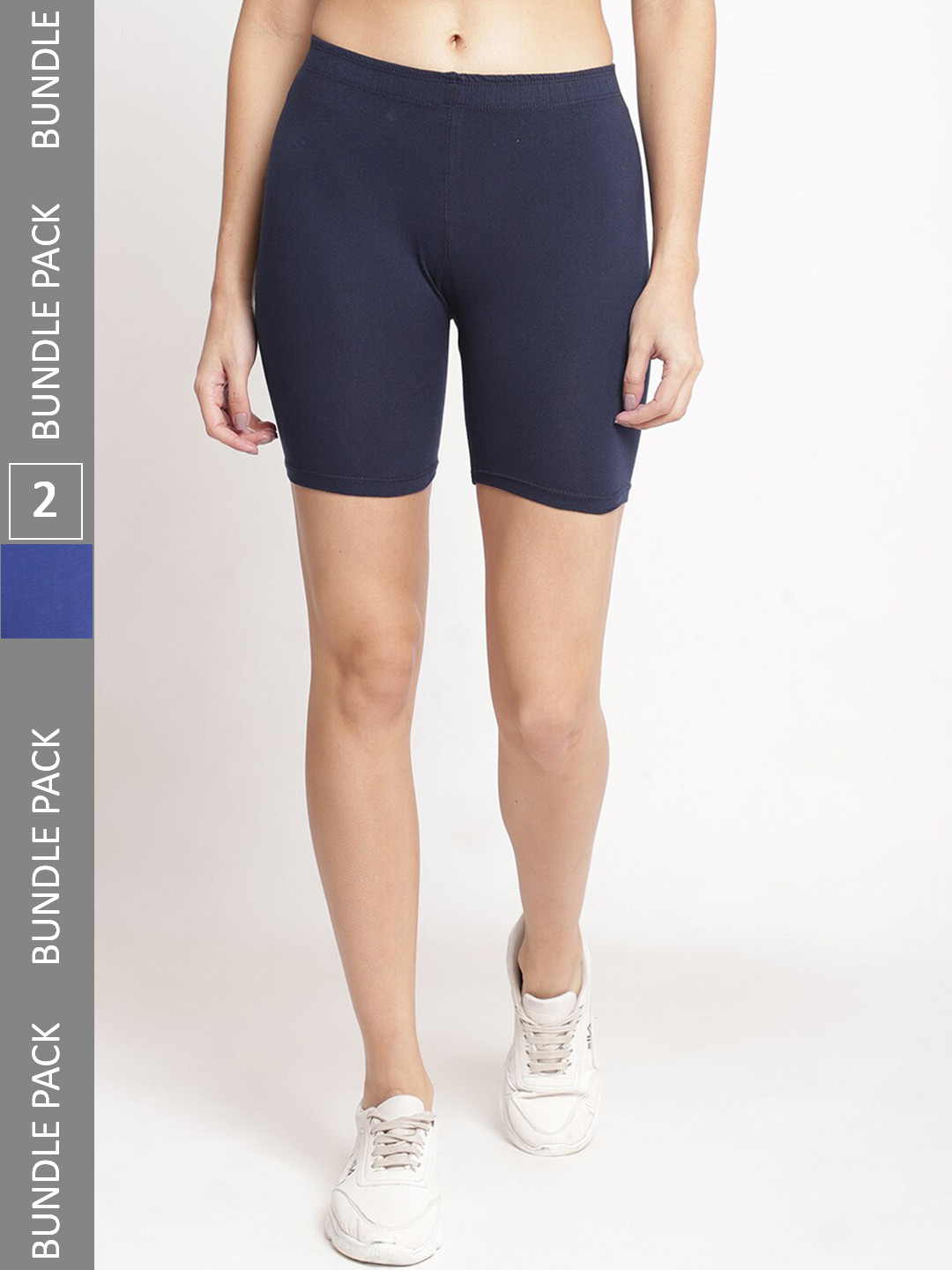 

Jinfo Women Pack Of 2 Cotton Skinny Fit Cycling Sports Shorts, Navy blue