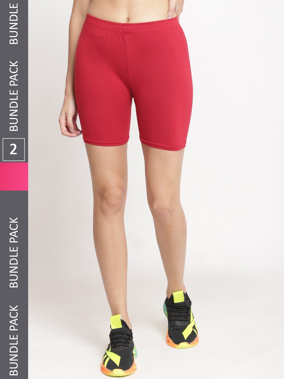 

Jinfo Women Pack Of 2 Cotton Skinny Fit Cycling Sports Shorts, Pink