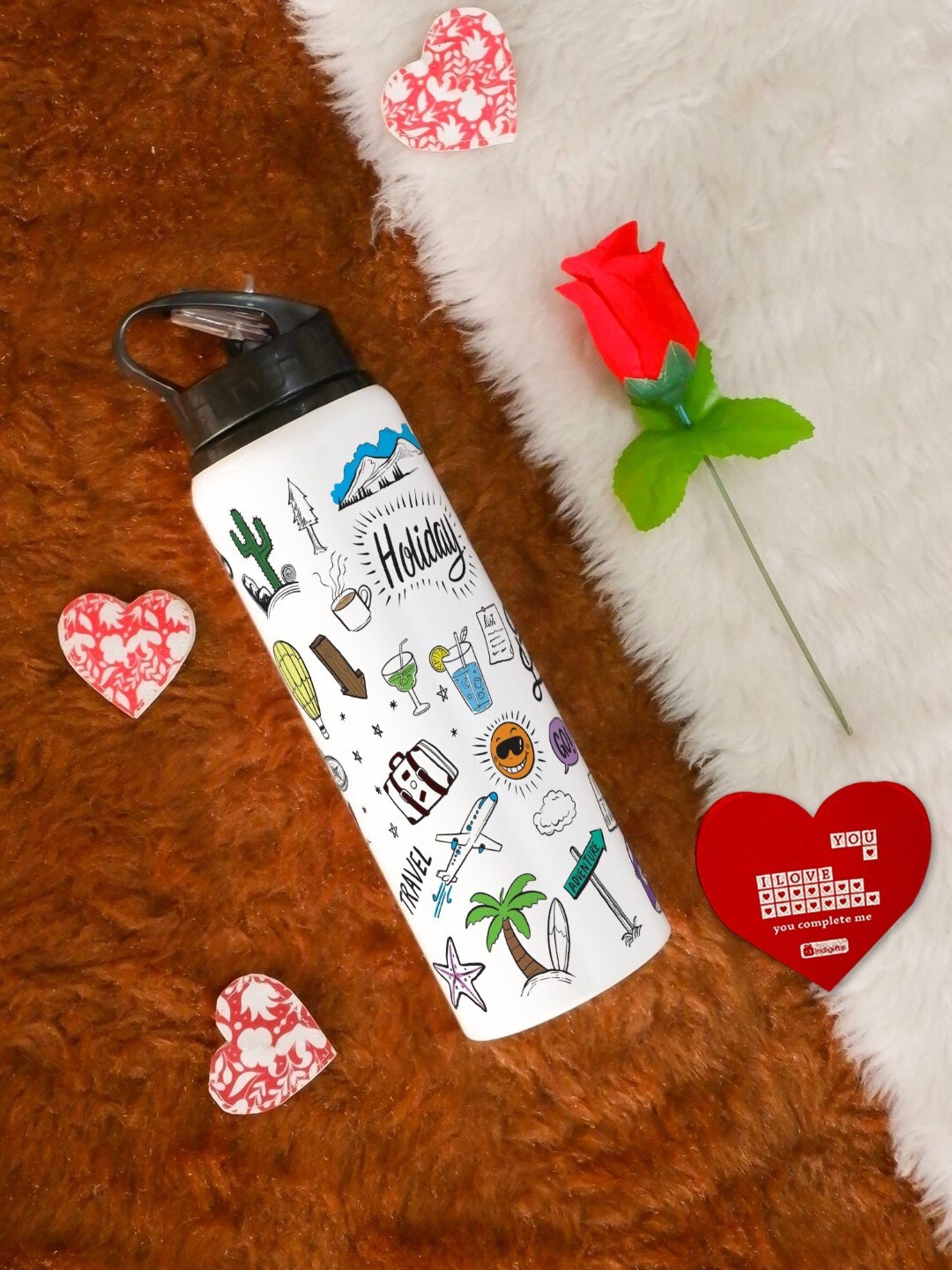 

Indigifts Valentine Gifts White and Red Bottle With Rose & Greeting Card