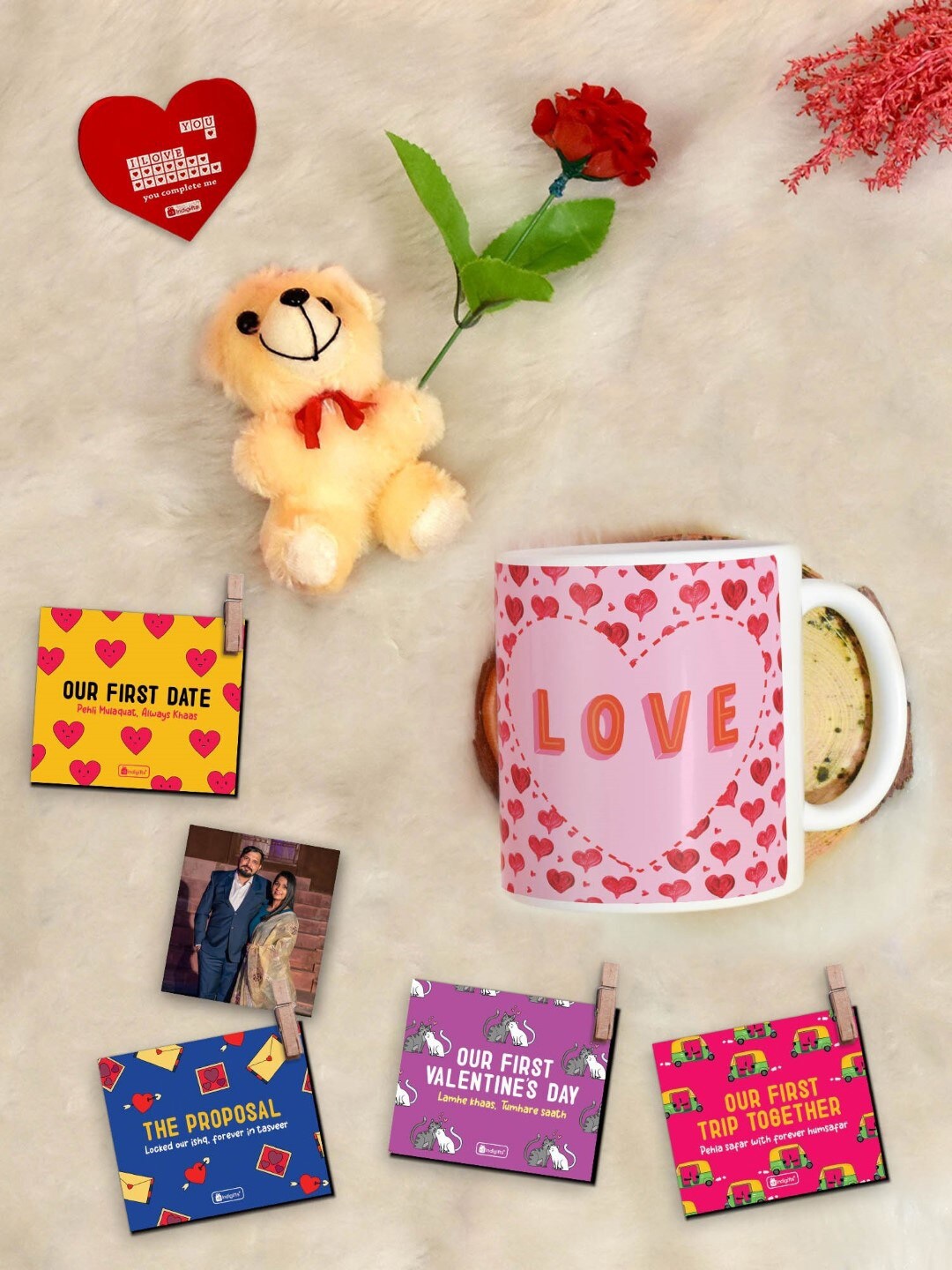 

Indigifts Valentine 8 Pcs Pink Coffee Mug Photo Clip Red Rose Greeting Card and Teddy