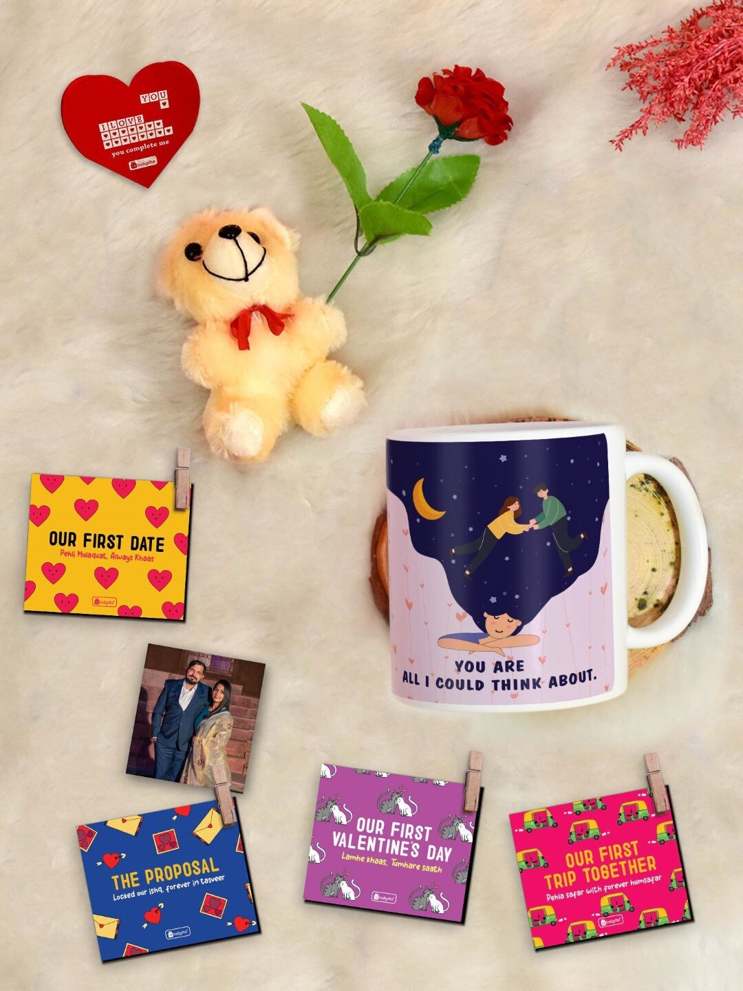 

Indigifts 5 Pcs Blue Ceramic Glossy Mug and Photo Clip, Rose, Greeting Card and Teddy