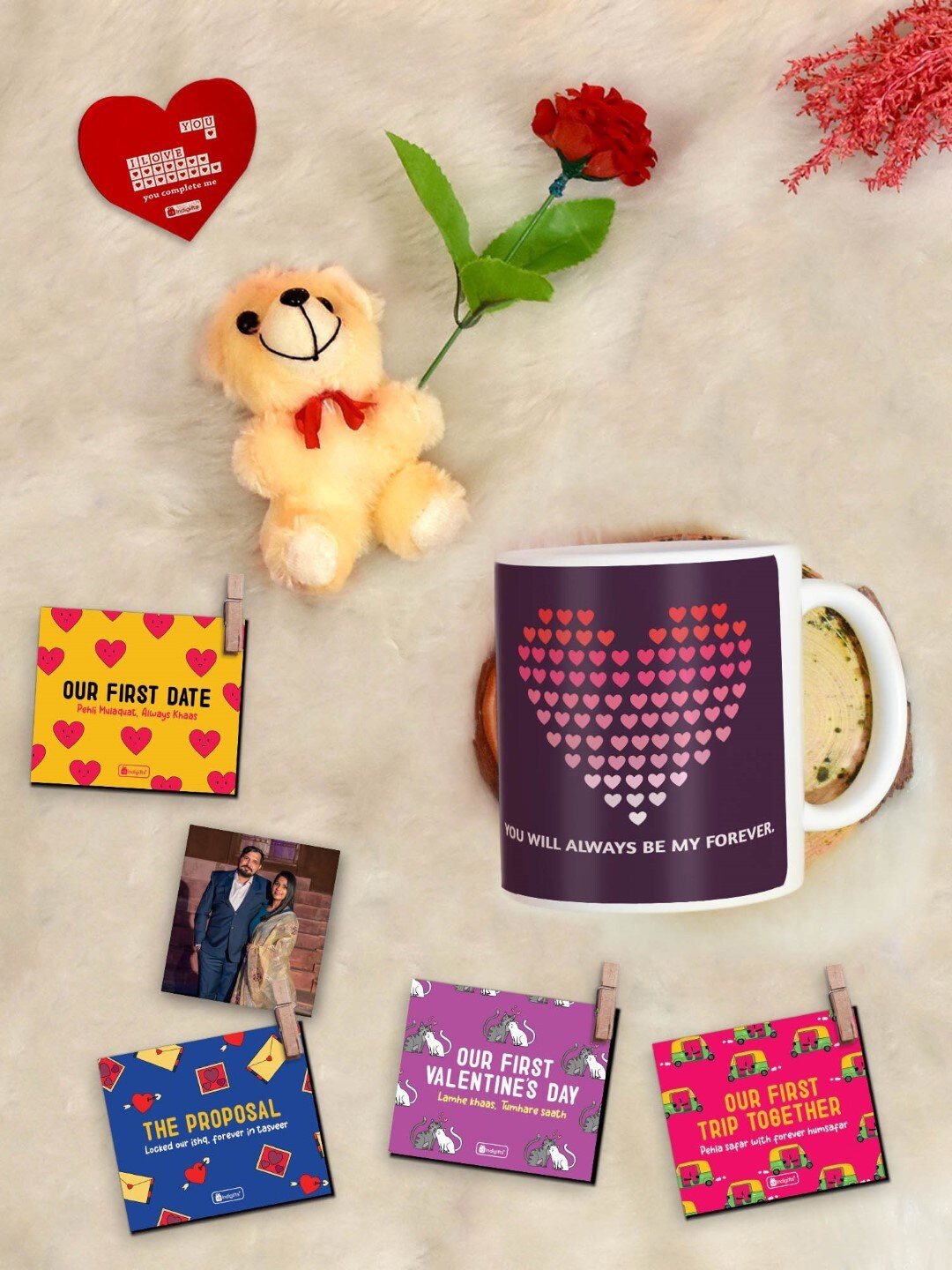 

Indigifts 9 Pcs Purple Valentine Coffee Mug and Photo Clips Rose Greeting Card and Teddy