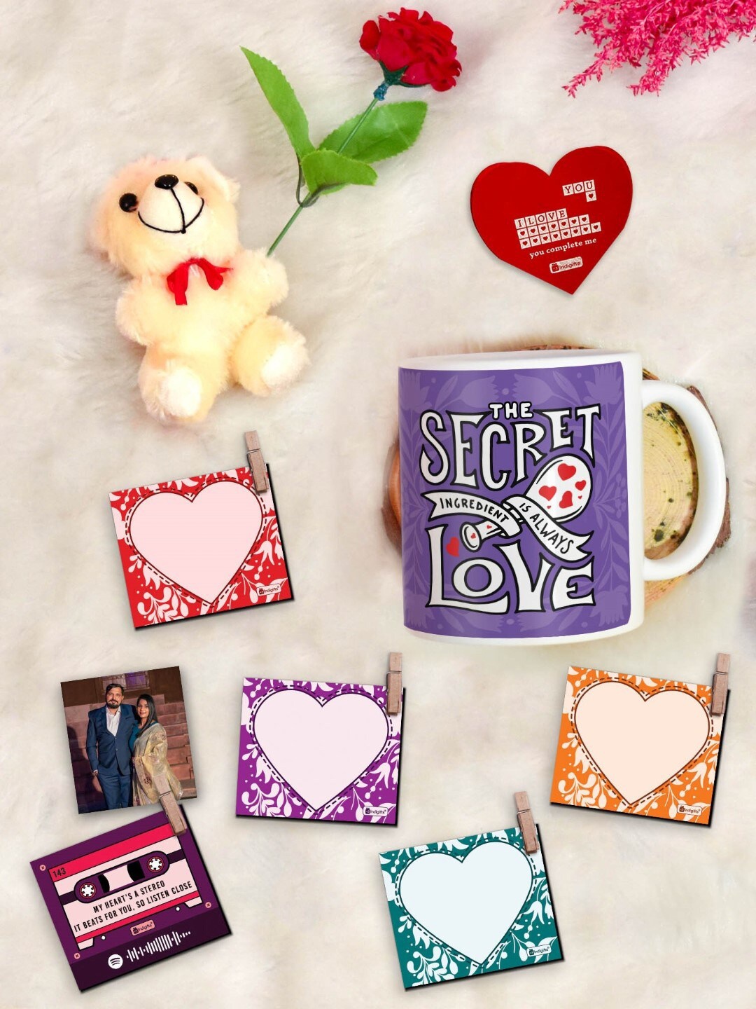 

Indigifts 9 Pieces Purple & Cream Coffee Mug and Photo Clip Rose Greeting Card and Teddy