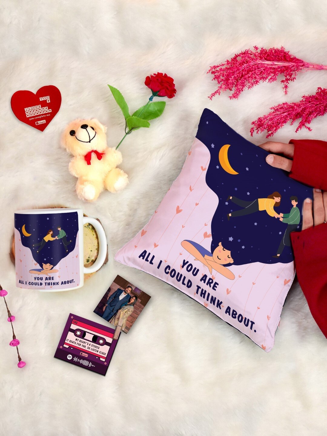 

Indigifts Valentine Day Cushion Teddy Coffee Mug with Card Rose & Photo Clip, Navy blue