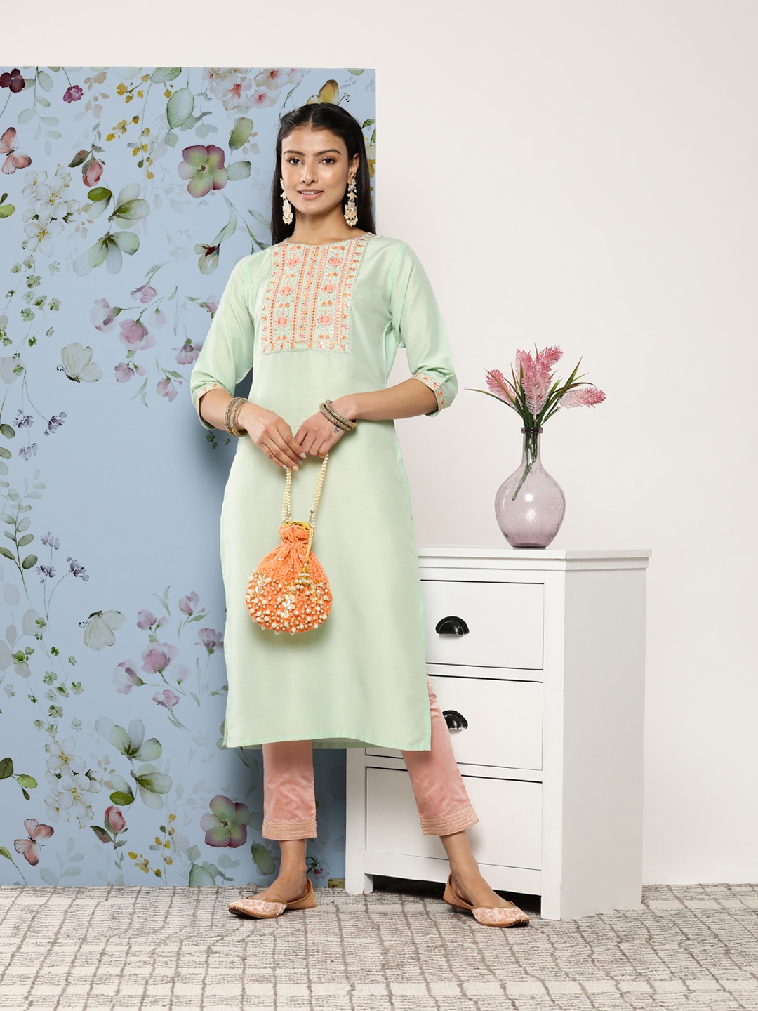 

Libas Floral Yoke Design Zari Kurta, Sea green