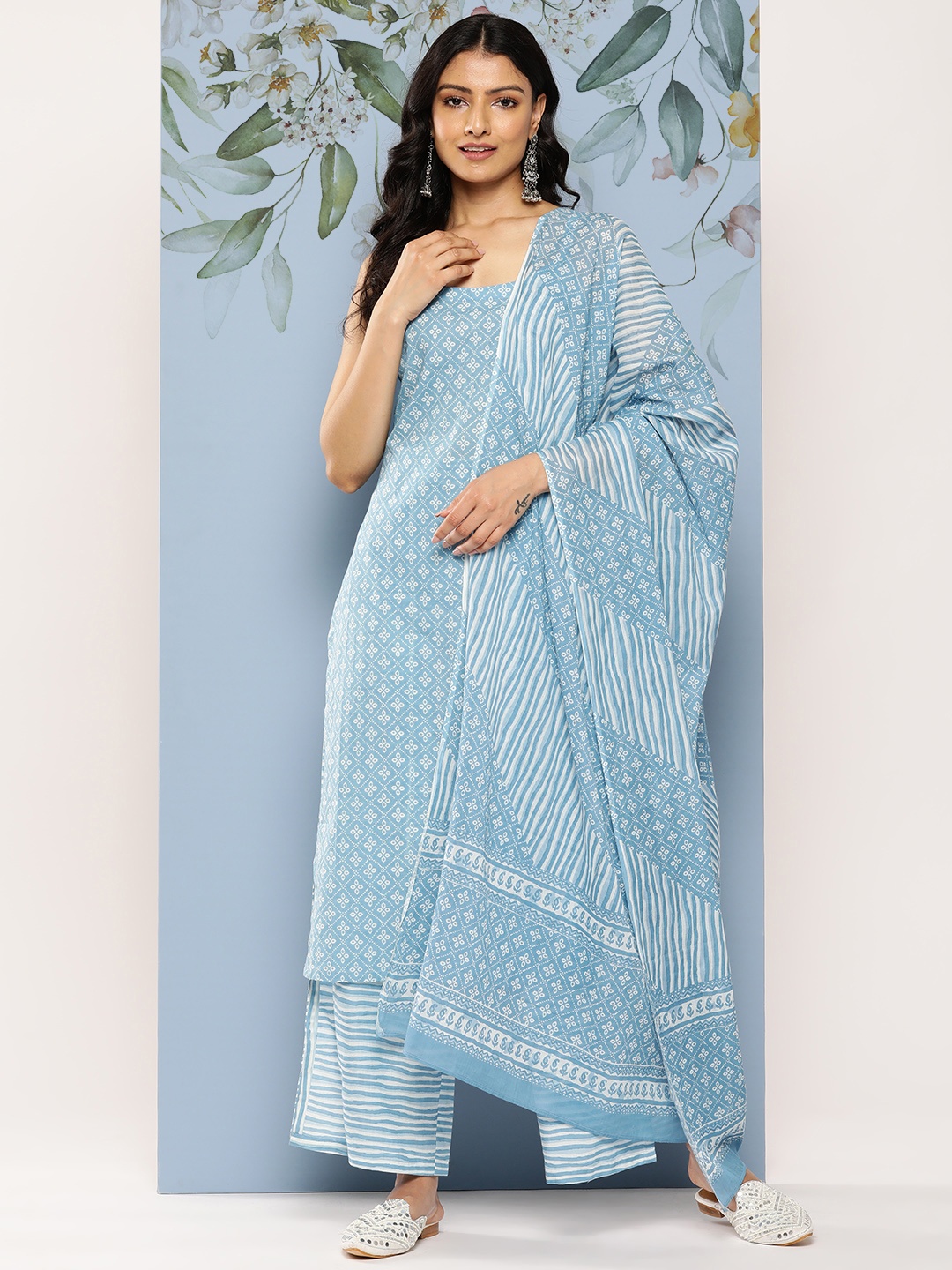 

Libas Bandhani Printed Pure Cotton Kurta with Palazzos & With Dupatta, Blue