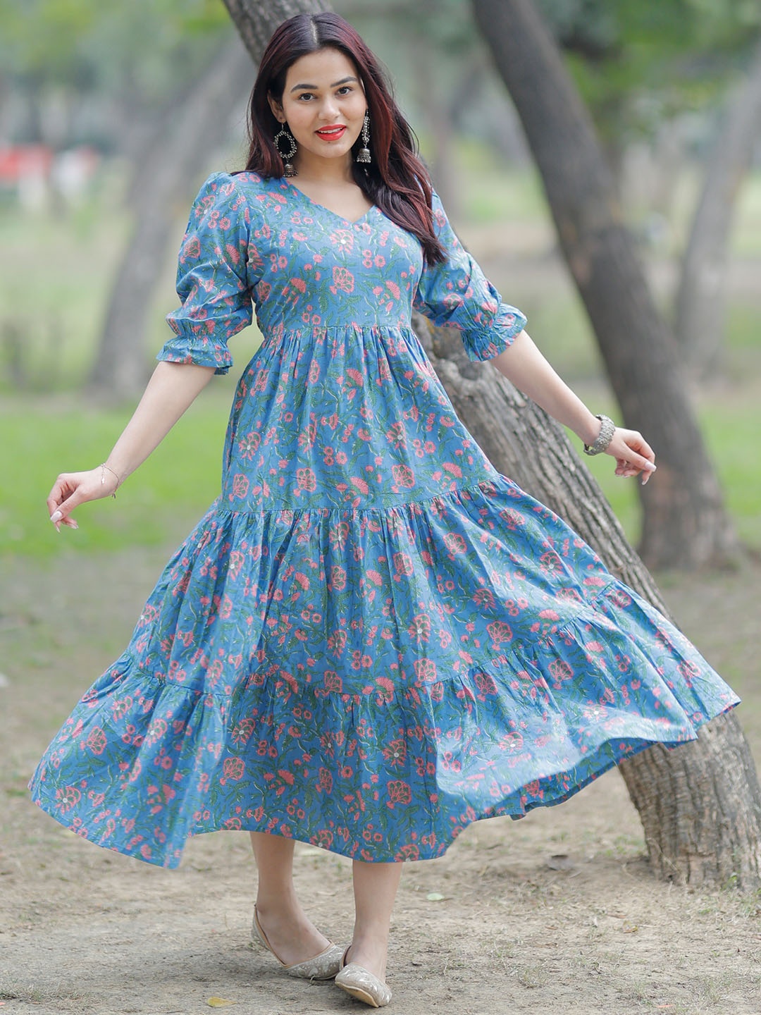 

Libas Floral Print Puff Sleeve Fit & Flare Midi Ethnic Dress, Blue