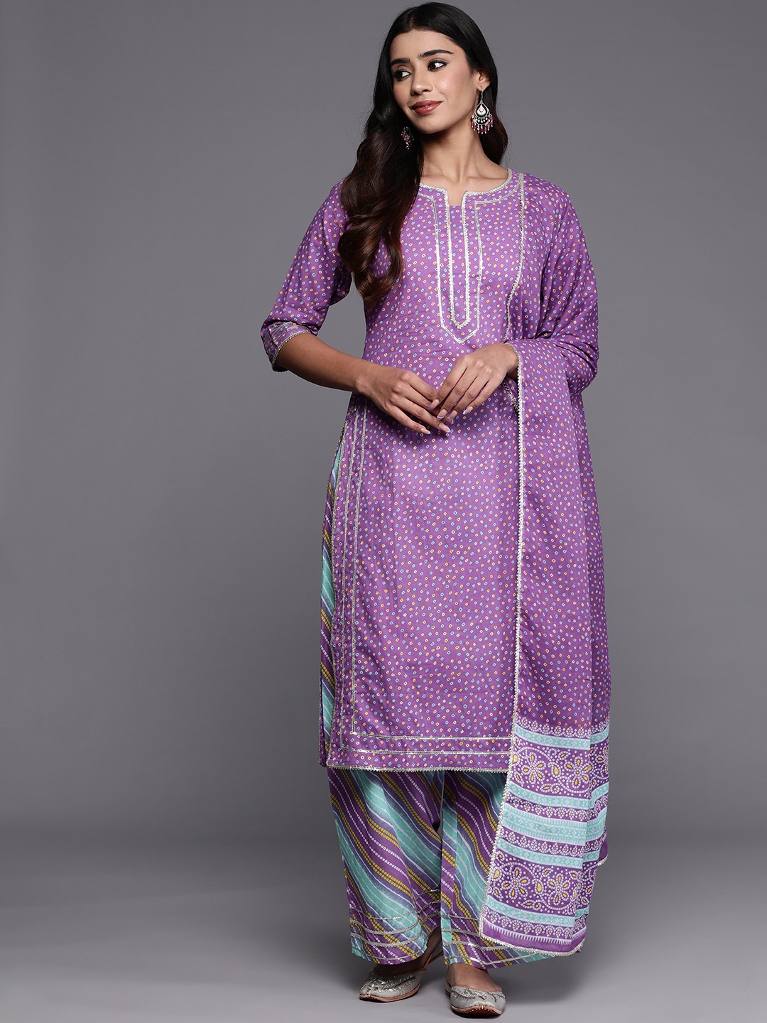 

Libas Women Purple Bandhani Printed Gotta Patti Pure Cotton Kurta with Palazzos & With Dupatta