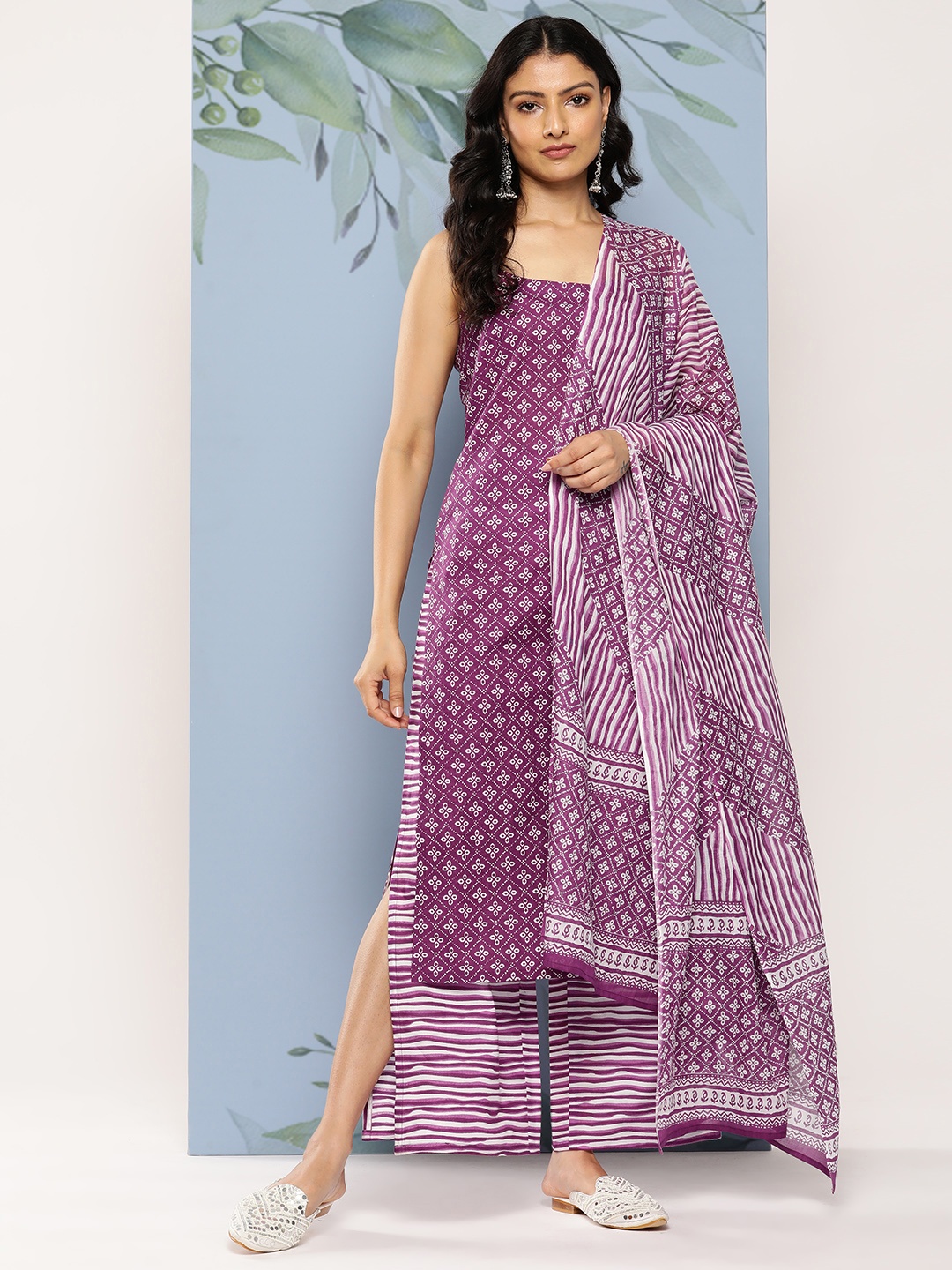 

Libas Bandhani Printed Pure Cotton Kurta with Palazzos & With Dupatta, Purple