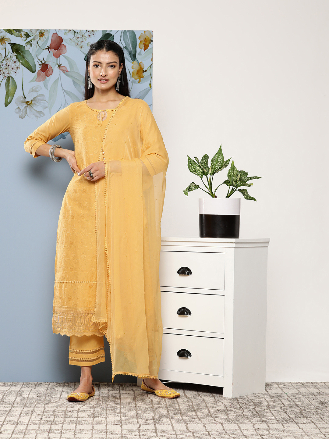 

Libas Women Yellow Floral Embroidered Thread Work Pure Cotton Kurta with Trousers & With Dupatta