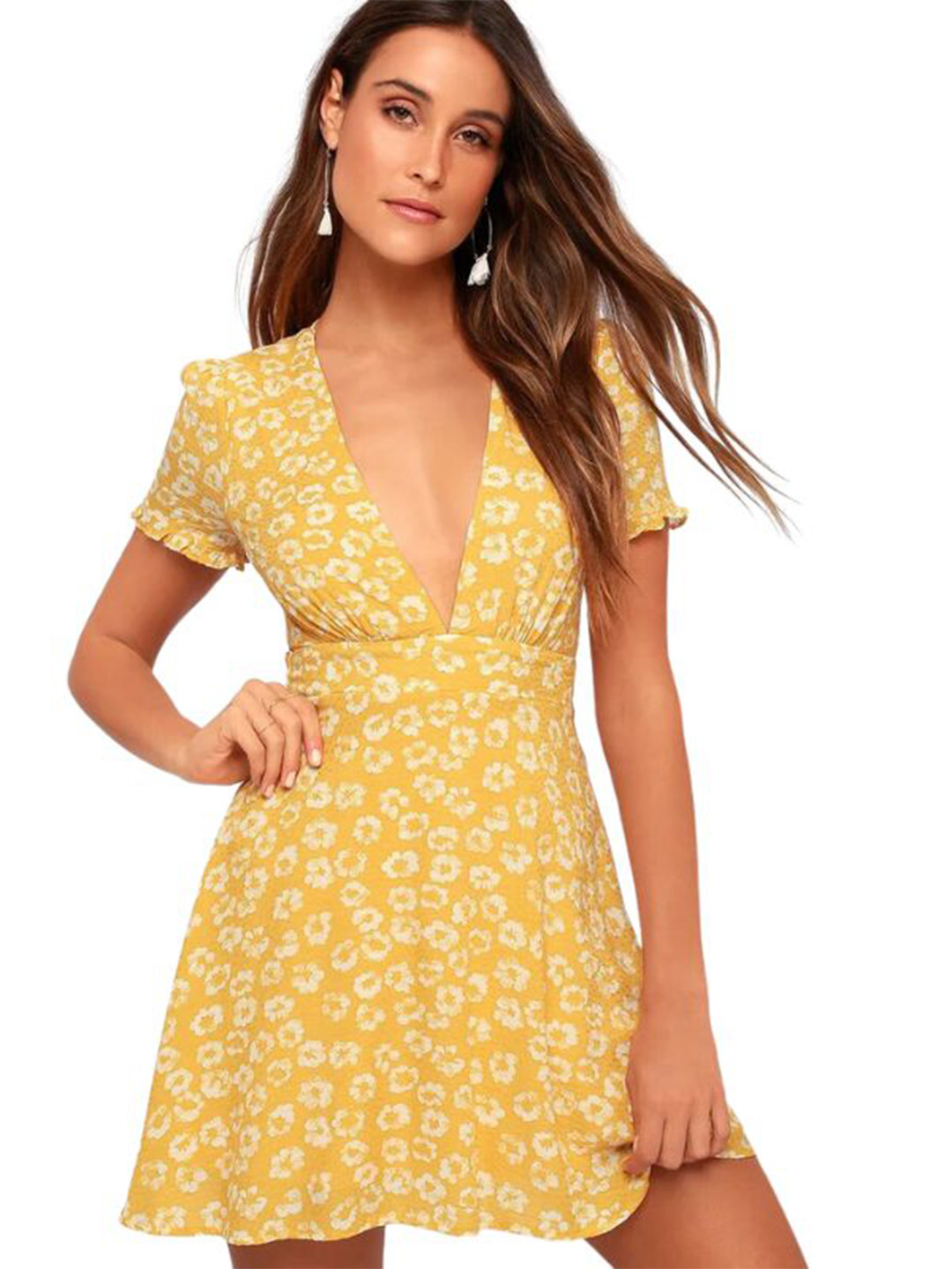 

La Aimee Floral Printed Mini Fit & Flare Dress, Mustard