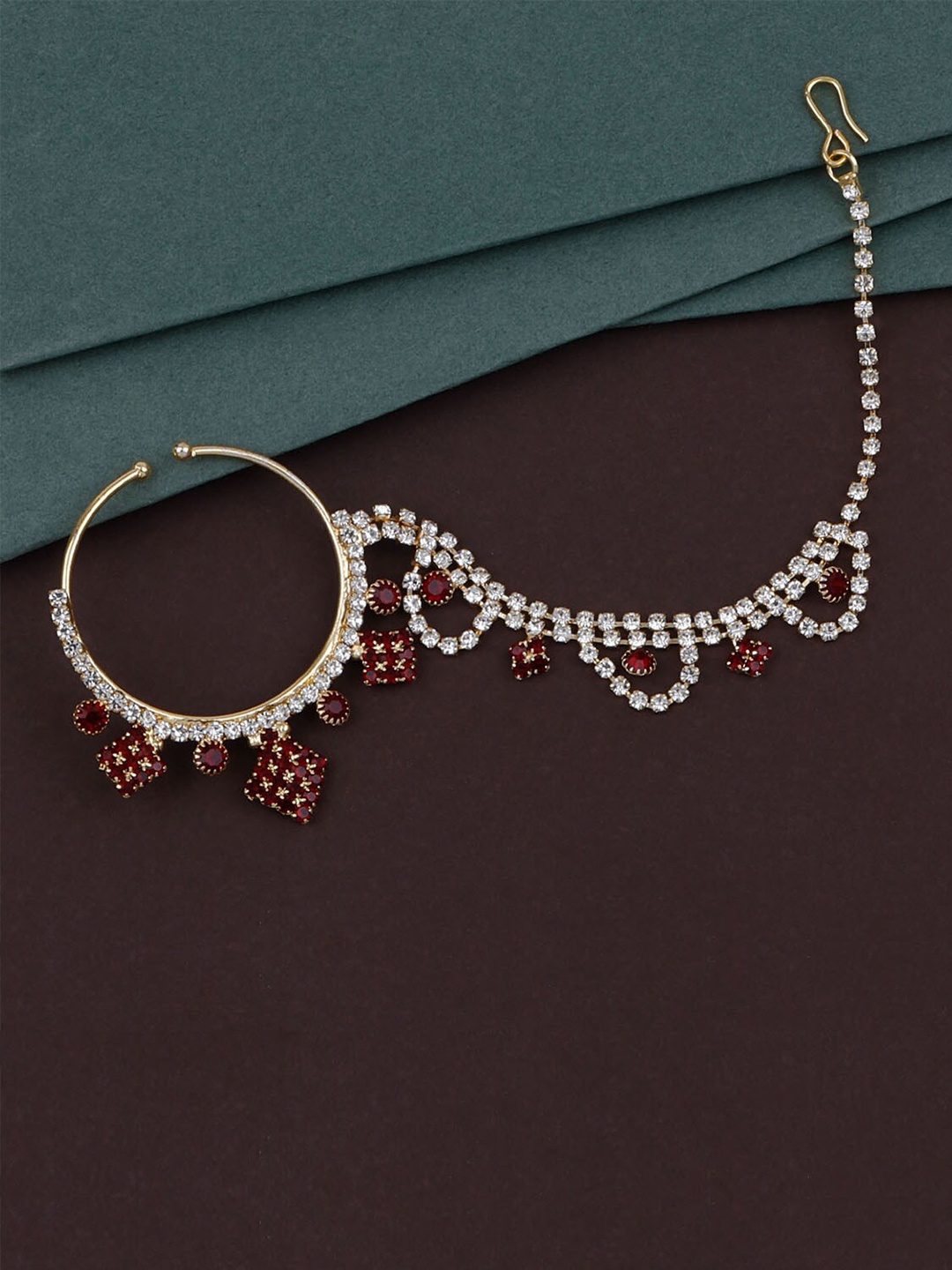 

Silver Shine Gold-Plated Stone Studded Chained Nosepin, Maroon