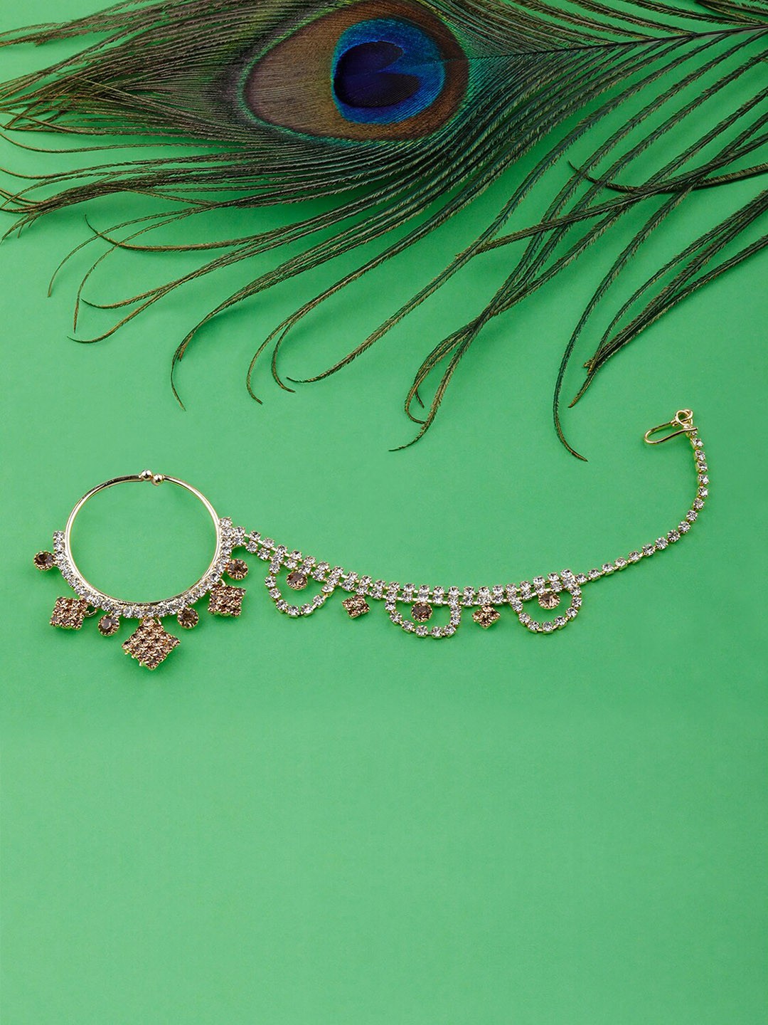 

Silver Shine Gold-Plated Stone Studded Chained Nose Pin