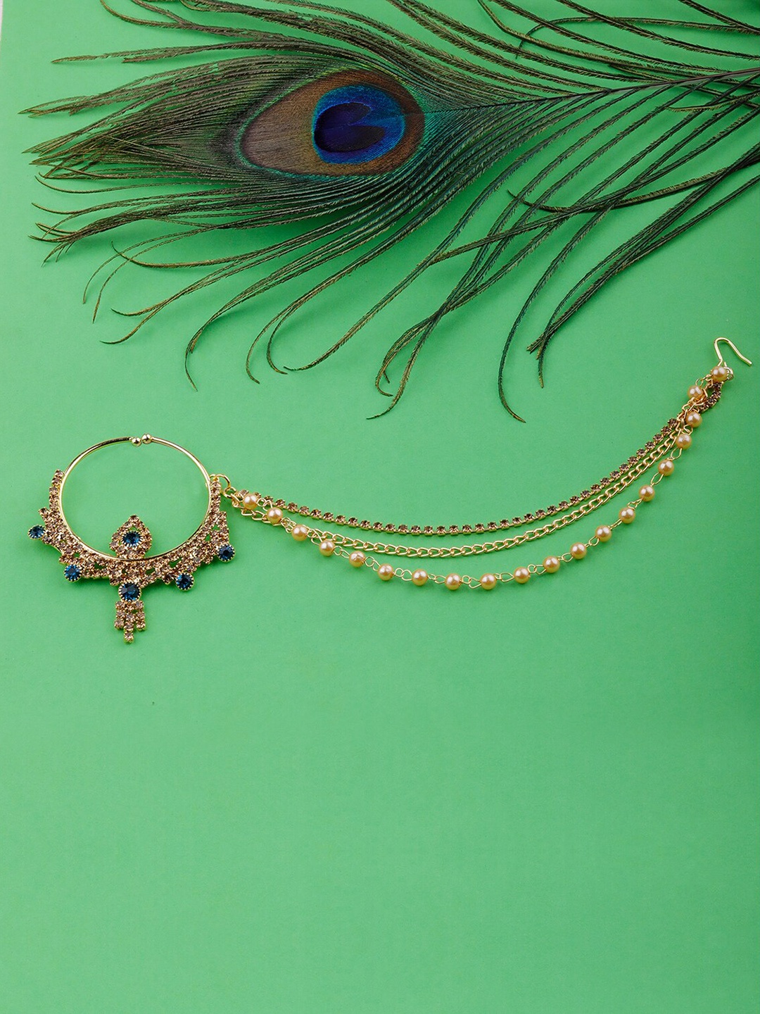 

Silver Shine Gold-Plated & Stone-Studded Layered Chain Nose-pin
