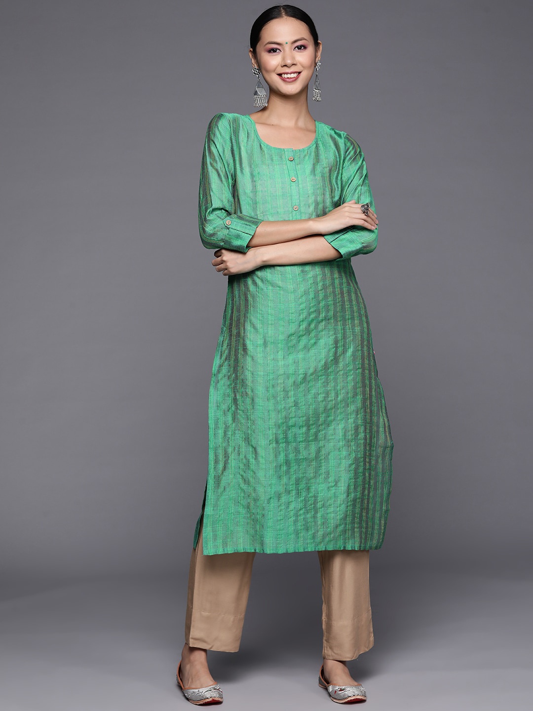 

KALINI Women Striped Pure Silk Kurta, Green