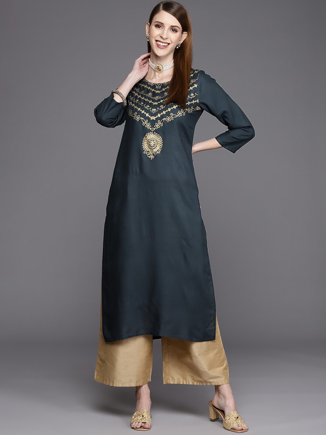 

KALINI Women Round Neck Yoke Design Kurta, Teal