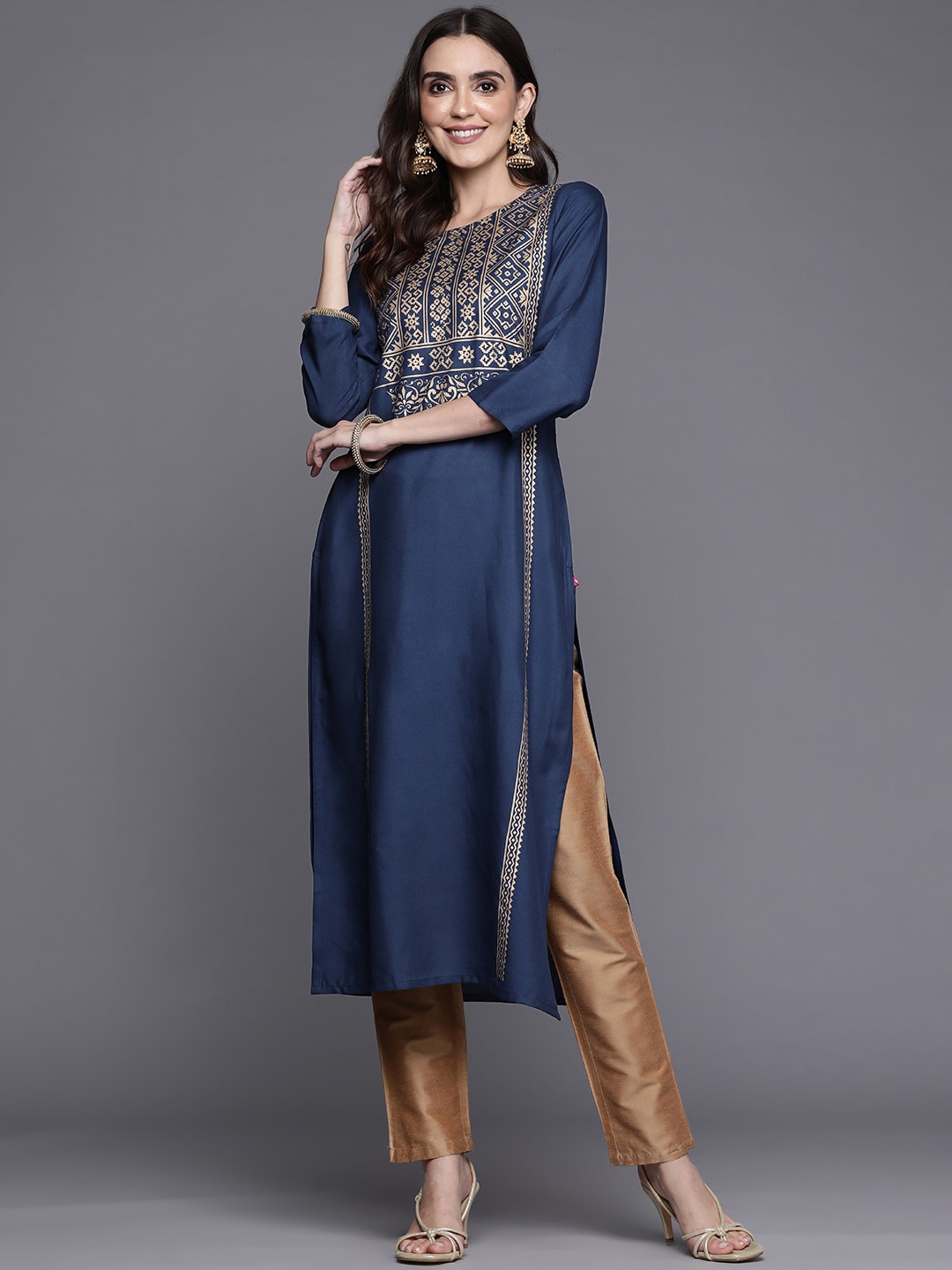 

KALINI Women Round Neck Geometric Yoke Design Kurta, Navy blue