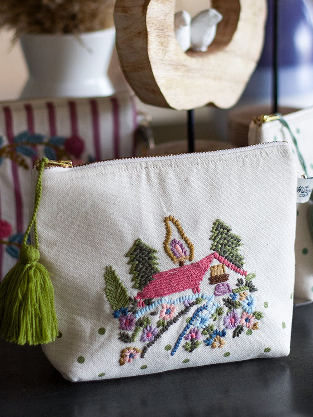 

The Wishing Chair Women House on a Hill Embroidered Pouch, Off white