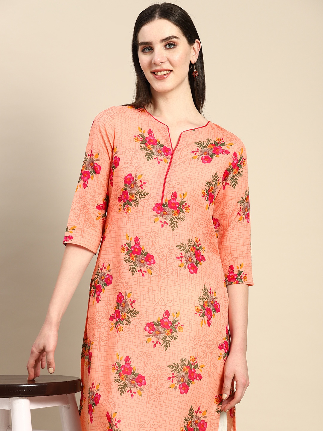 

Anouk Floral Print Straight Kurta, Peach