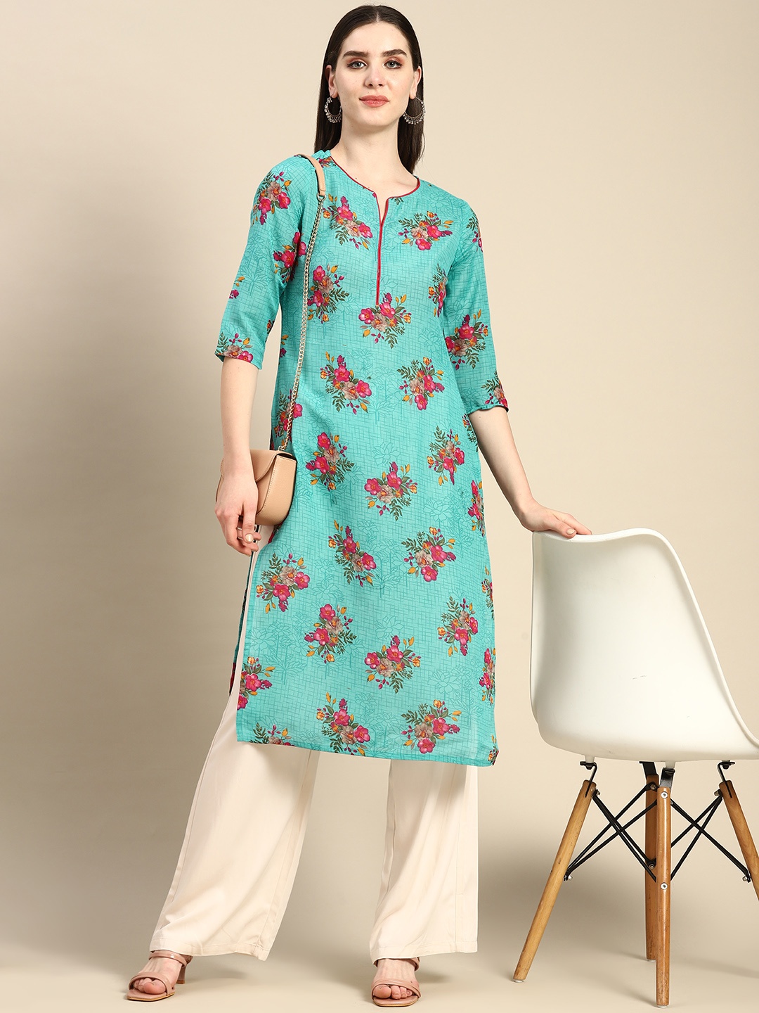 

Anouk Floral Printed Straight Kurta, Turquoise blue