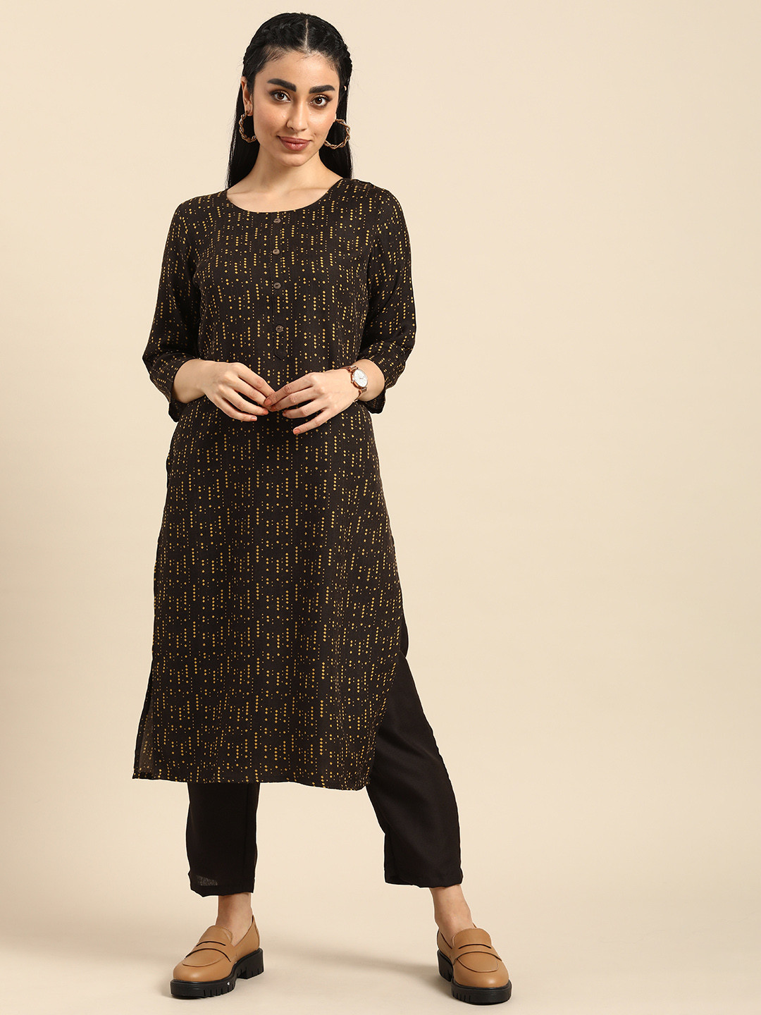 

Anouk Geometric Printed Regular Kurta with Trousers, Brown