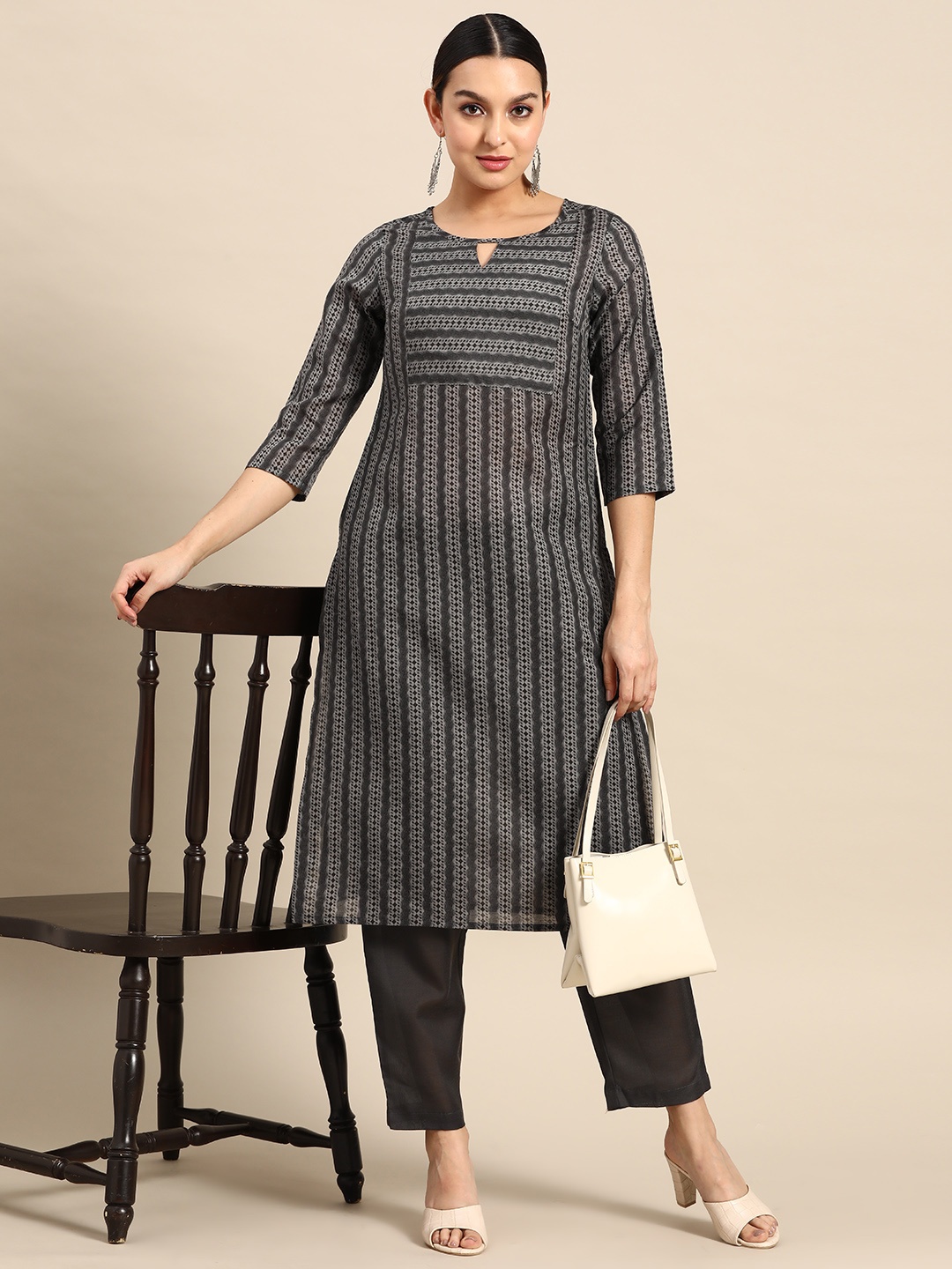 

Anouk Women Grey Striped Kurta with Trousers
